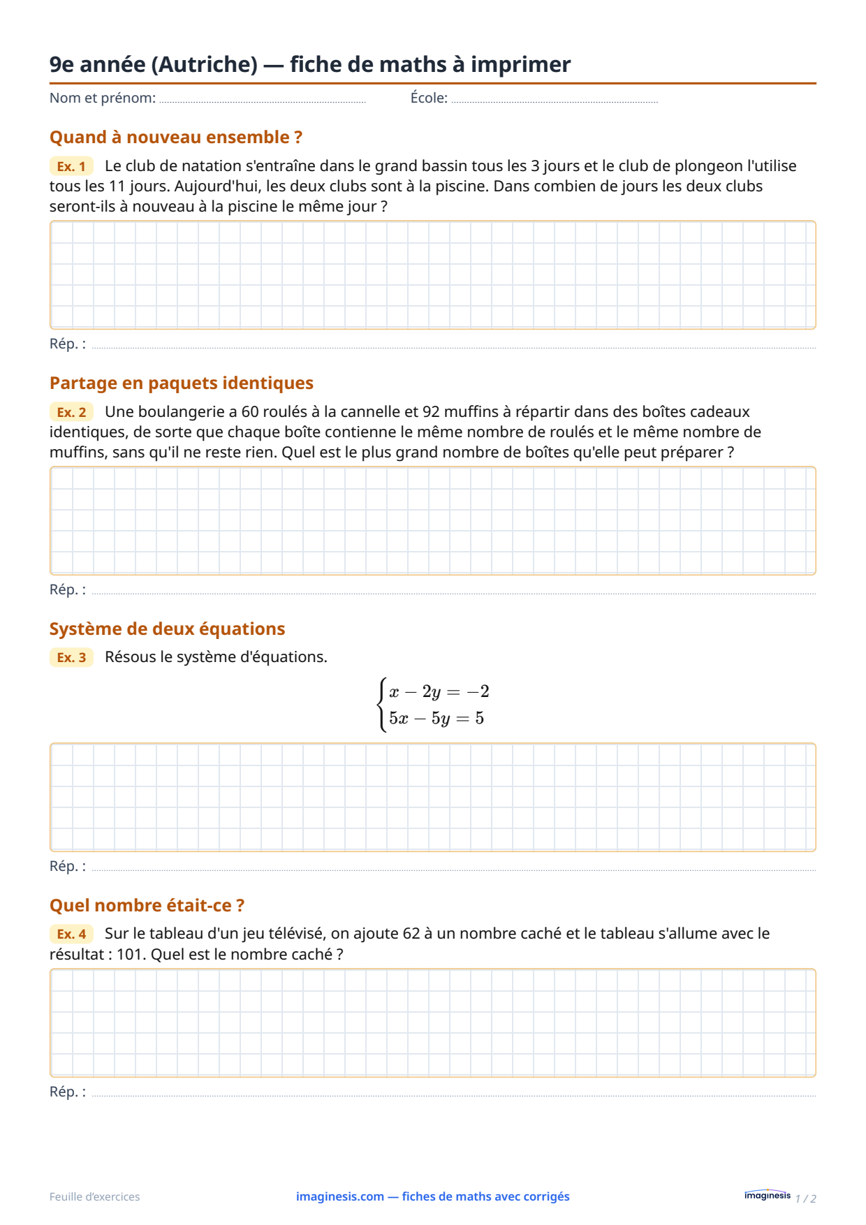 9e année (Autriche) — fiche de maths à imprimer — Fiche élève : fiche de maths à imprimer (9e année, Autriche)