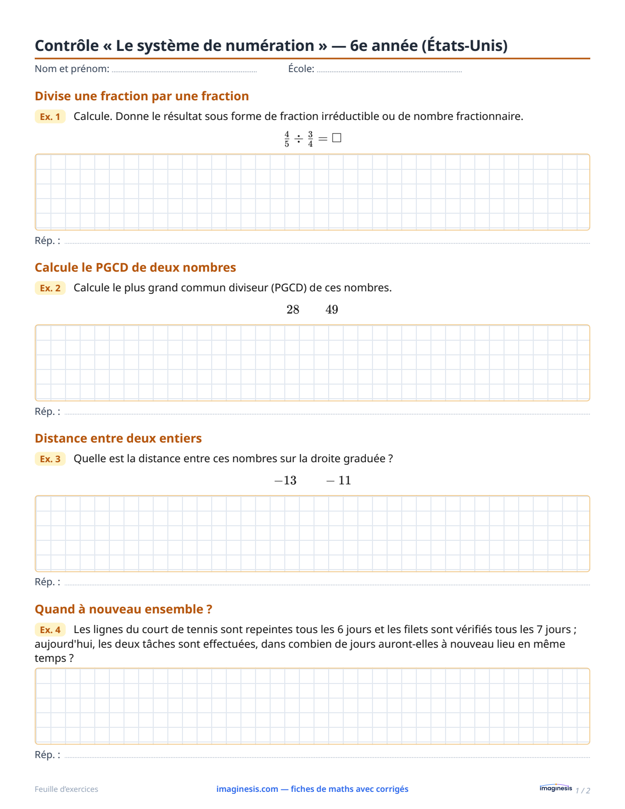 Contrôle « Le système de numération » — 6e année (États-Unis) — Fiche élève : fiche de maths à imprimer (6e année, États-Unis)