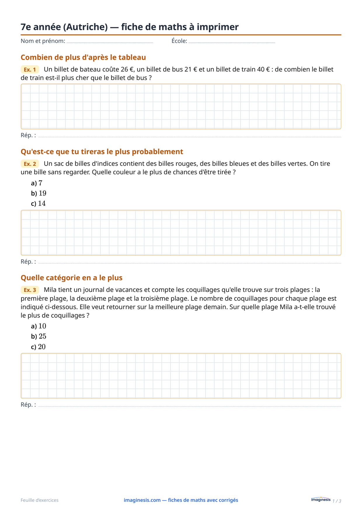 7e année (Autriche) — fiche de maths à imprimer — Fiche élève : fiche de maths à imprimer (7e année, Autriche)