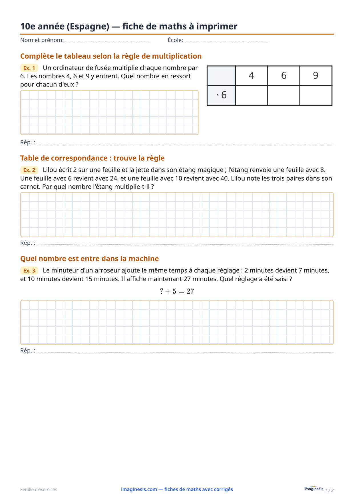 10e année (Espagne) — fiche de maths à imprimer — Fiche élève : fiche de maths à imprimer (10e année, Espagne)