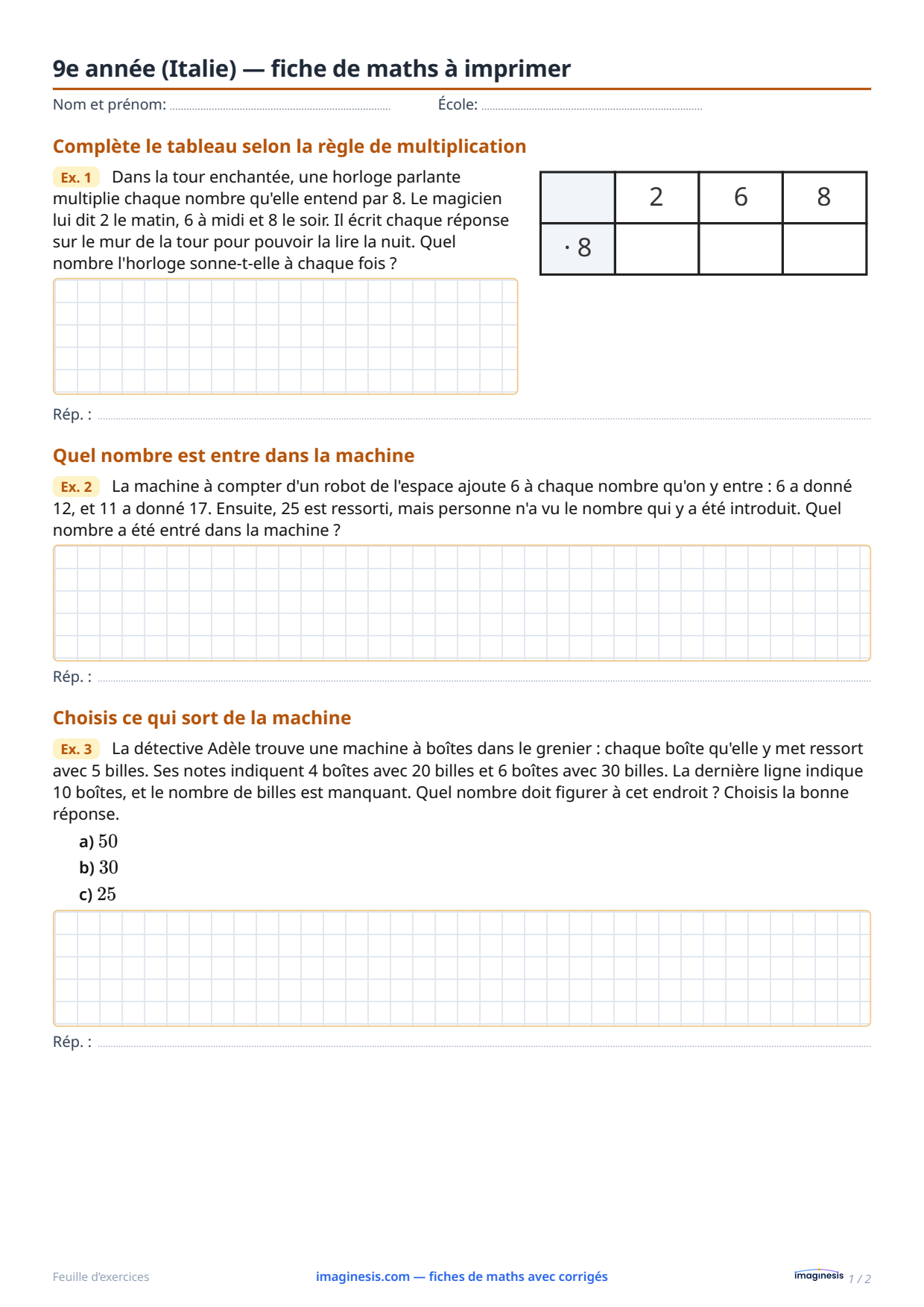 9e année (Italie) — fiche de maths à imprimer — Fiche élève : fiche de maths à imprimer (9e année, Italie)