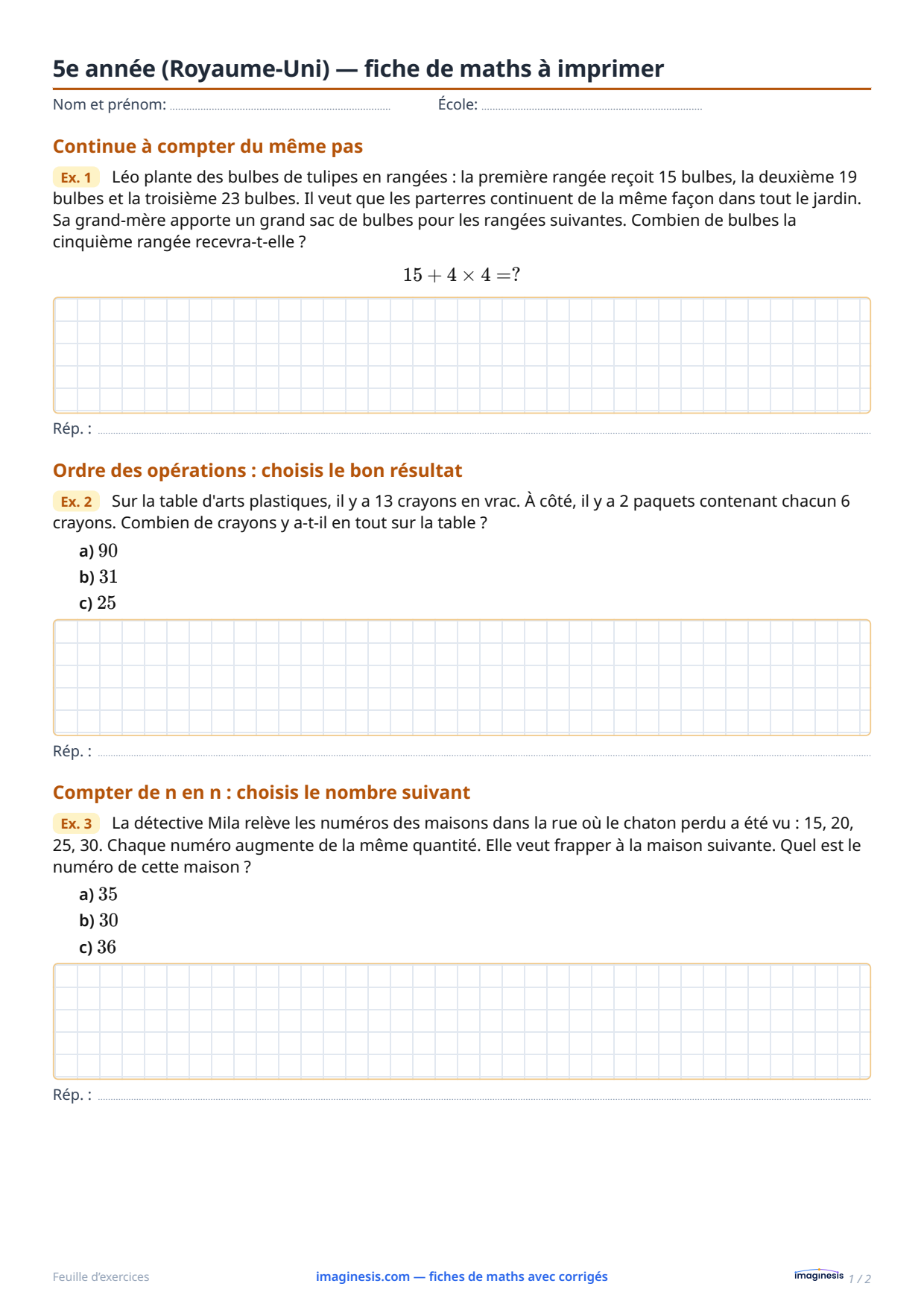 5e année (Royaume-Uni) — fiche de maths à imprimer — Fiche élève : fiche de maths à imprimer (5e année, Royaume-Uni)