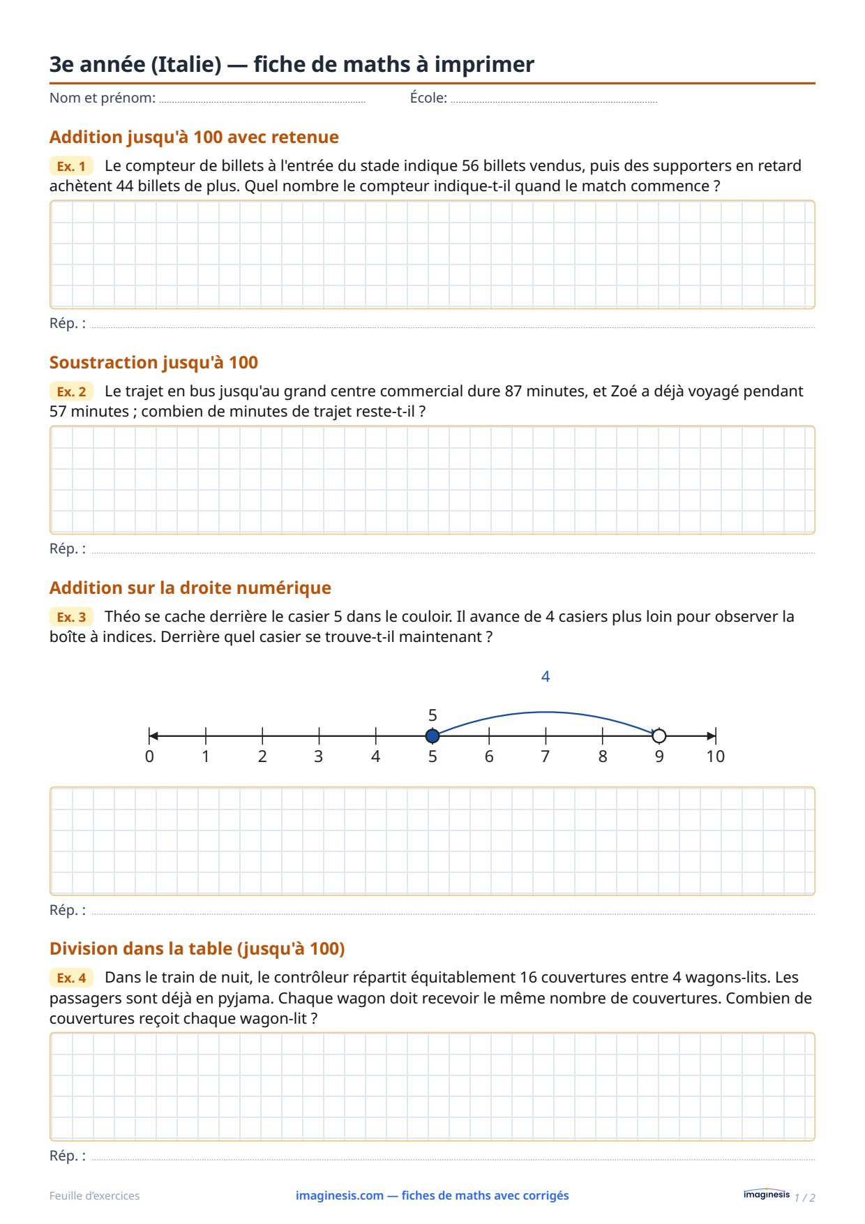 3e année (Italie) — fiche de maths à imprimer — Fiche élève : fiche de maths à imprimer (3e année, Italie)