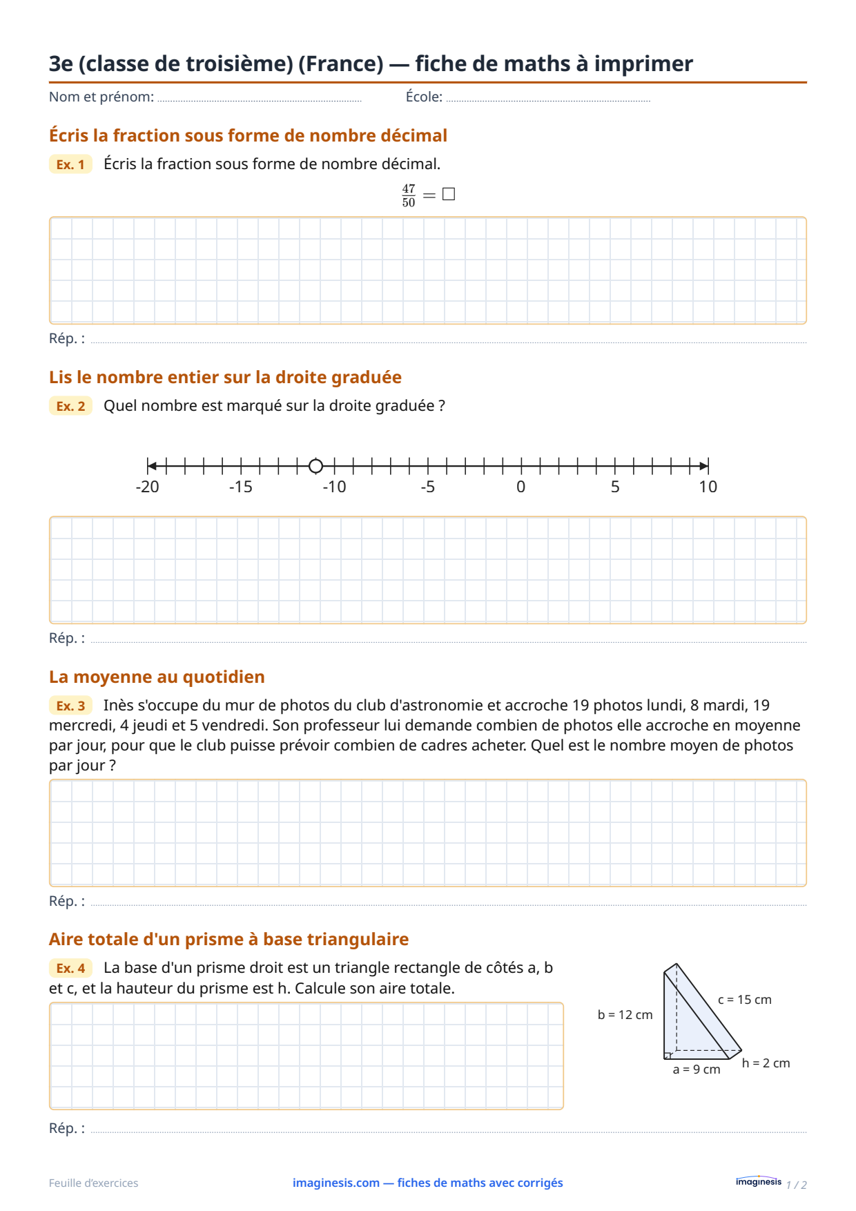3e (classe de troisième) (France) — fiche de maths à imprimer — Fiche élève : fiche de maths à imprimer (3e (classe de troisième), France)