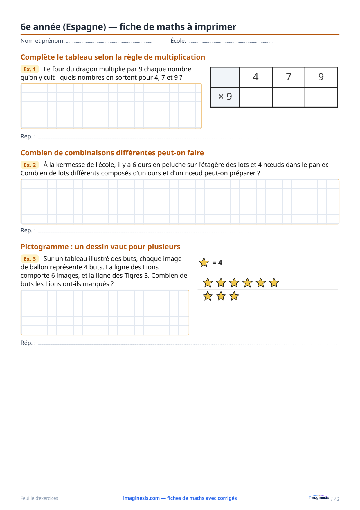 6e année (Espagne) — fiche de maths à imprimer — Fiche élève : fiche de maths à imprimer (6e année, Espagne)