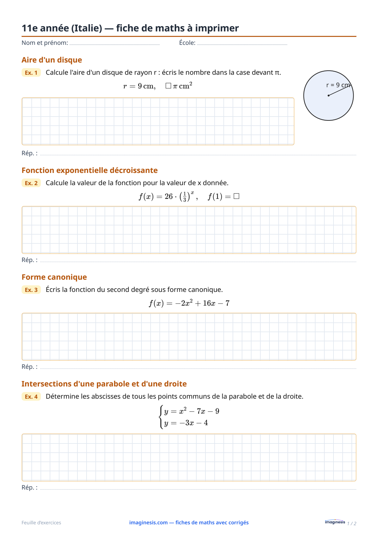 11e année (Italie) — fiche de maths à imprimer — Fiche élève : fiche de maths à imprimer (11e année, Italie)