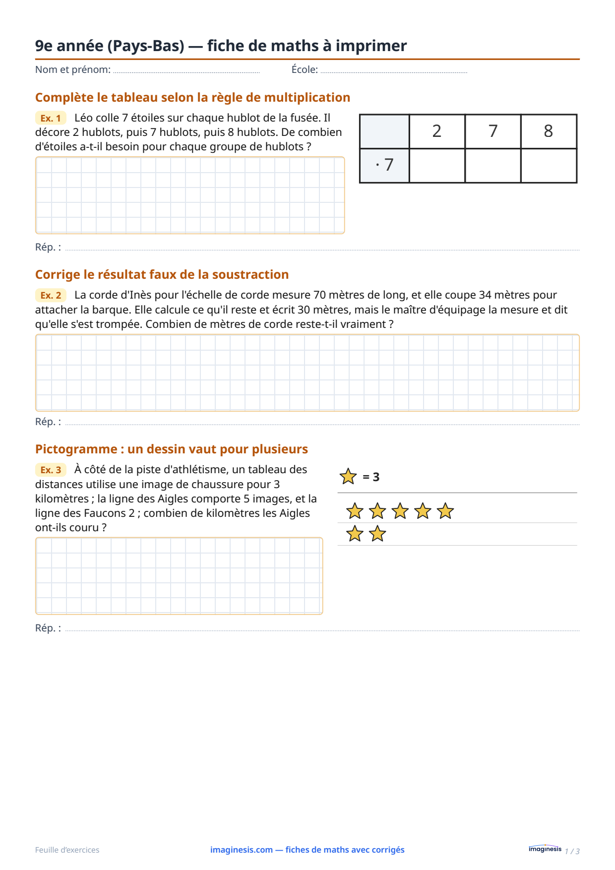 9e année (Pays-Bas) — fiche de maths à imprimer — Fiche élève : fiche de maths à imprimer (9e année, Pays-Bas)