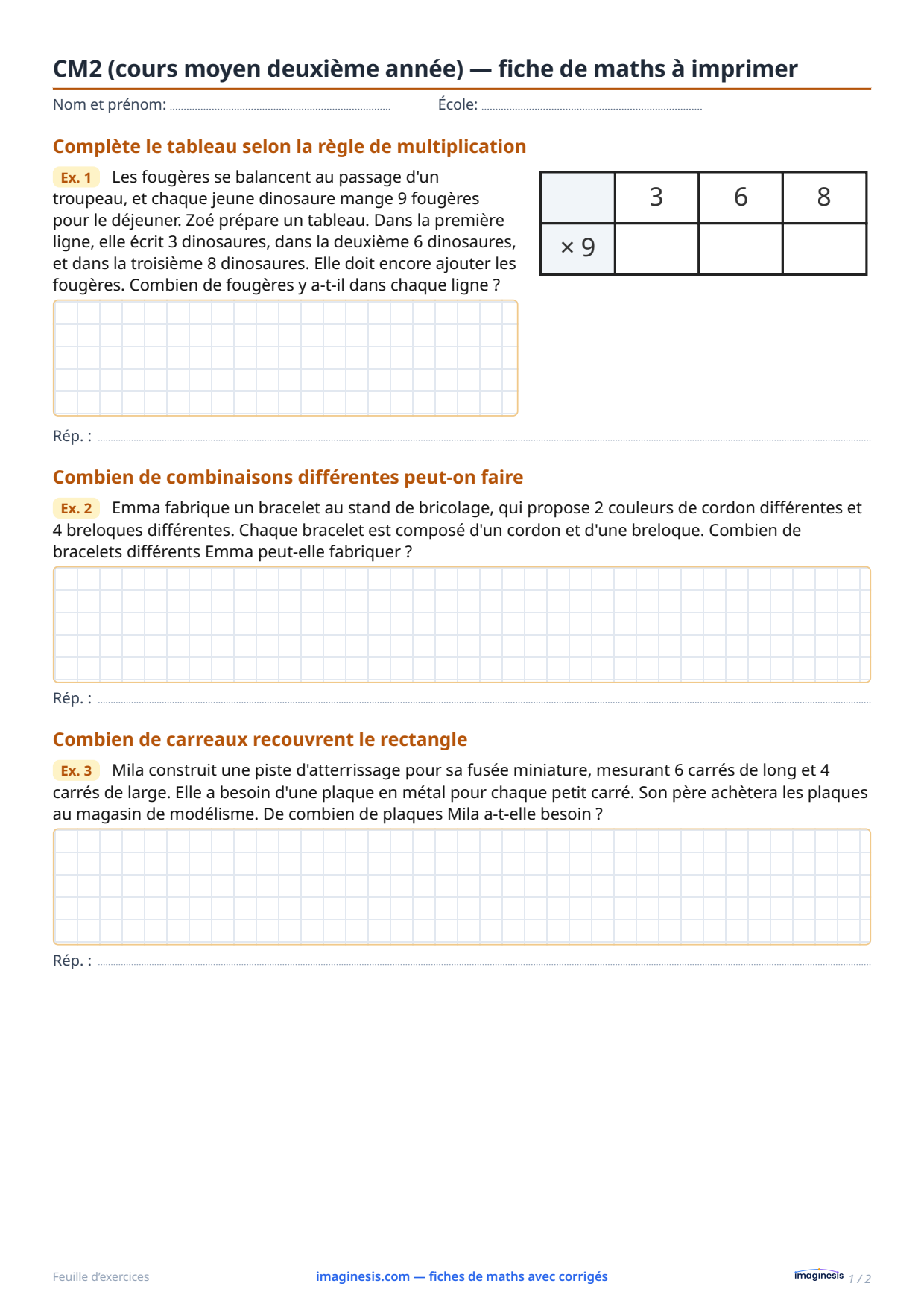 CM2 (cours moyen deuxième année) — fiche de maths à imprimer — Fiche élève : fiche de maths à imprimer (CM2 (cours moyen deuxième année), France)