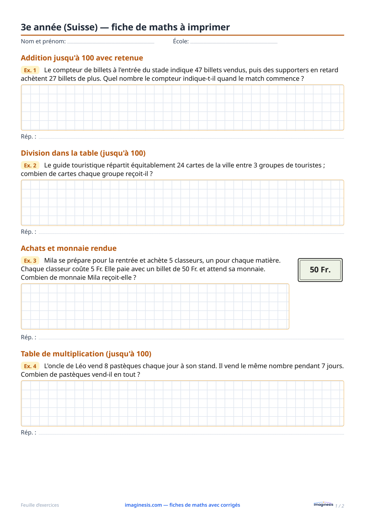 3e année (Suisse) — fiche de maths à imprimer — Fiche élève : fiche de maths à imprimer (3e année, Suisse)