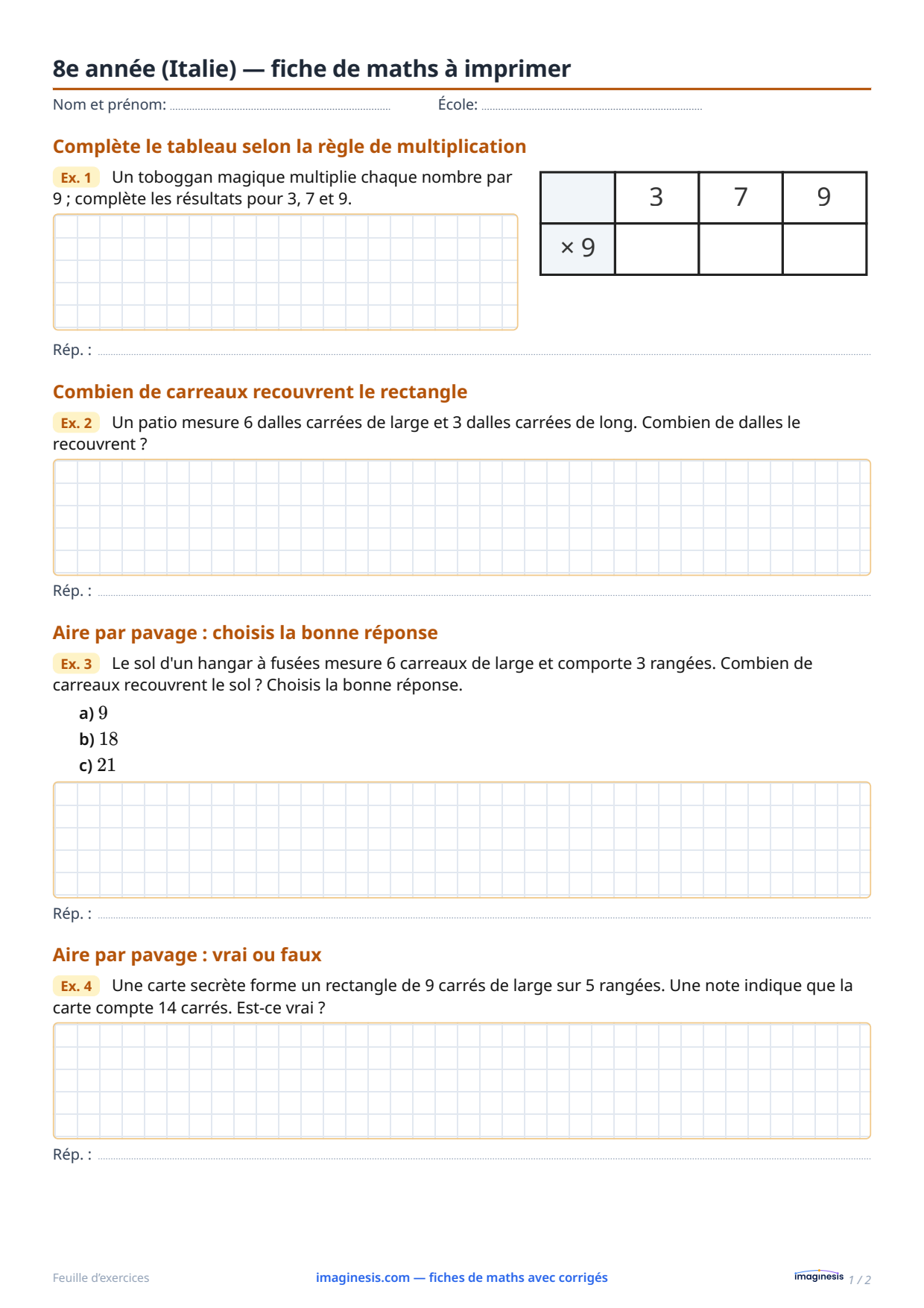 8e année (Italie) — fiche de maths à imprimer — Fiche élève : fiche de maths à imprimer (8e année, Italie)