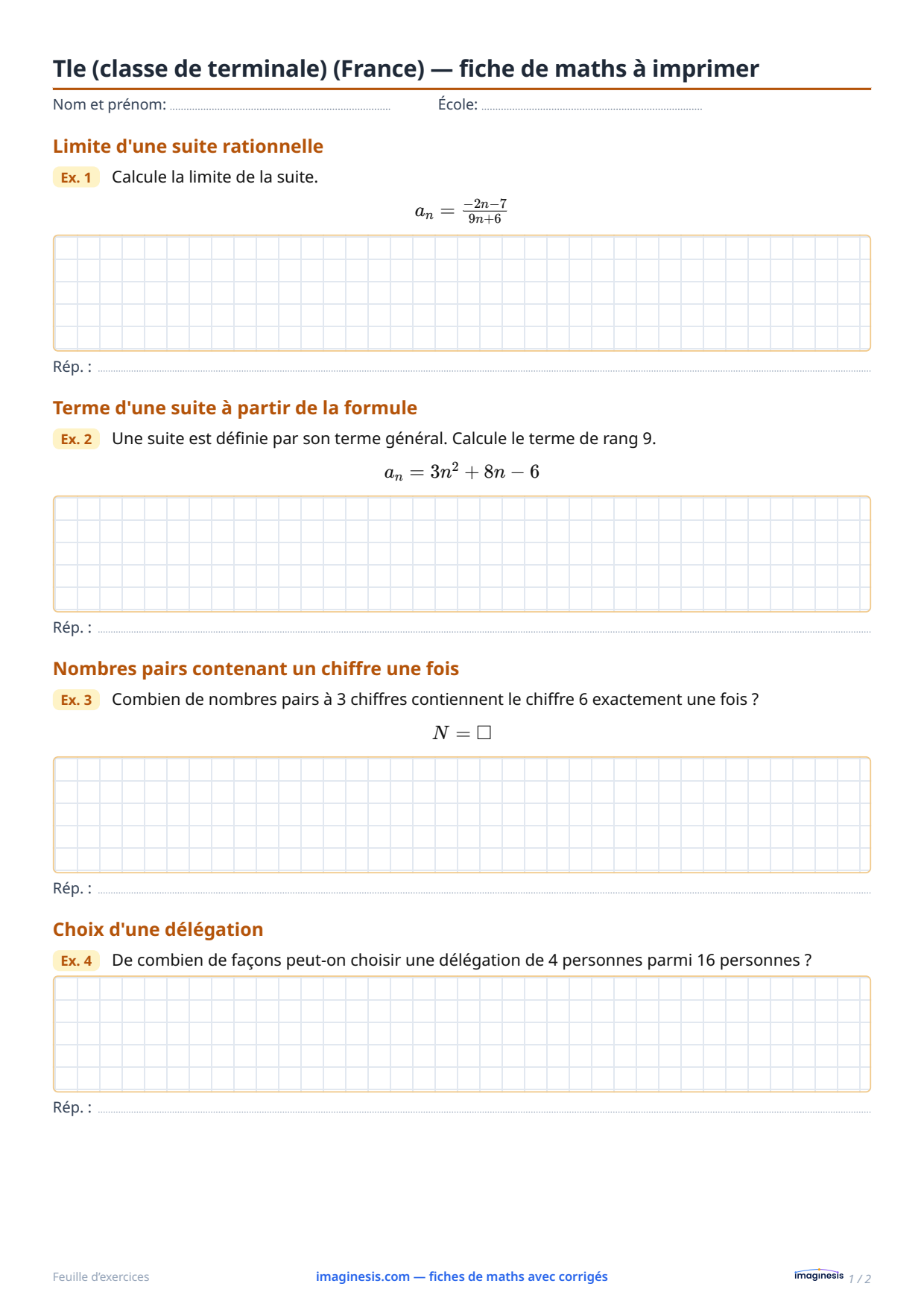 Tle (classe de terminale) (France) — fiche de maths à imprimer — Fiche élève : fiche de maths à imprimer (Tle (classe de terminale), France)