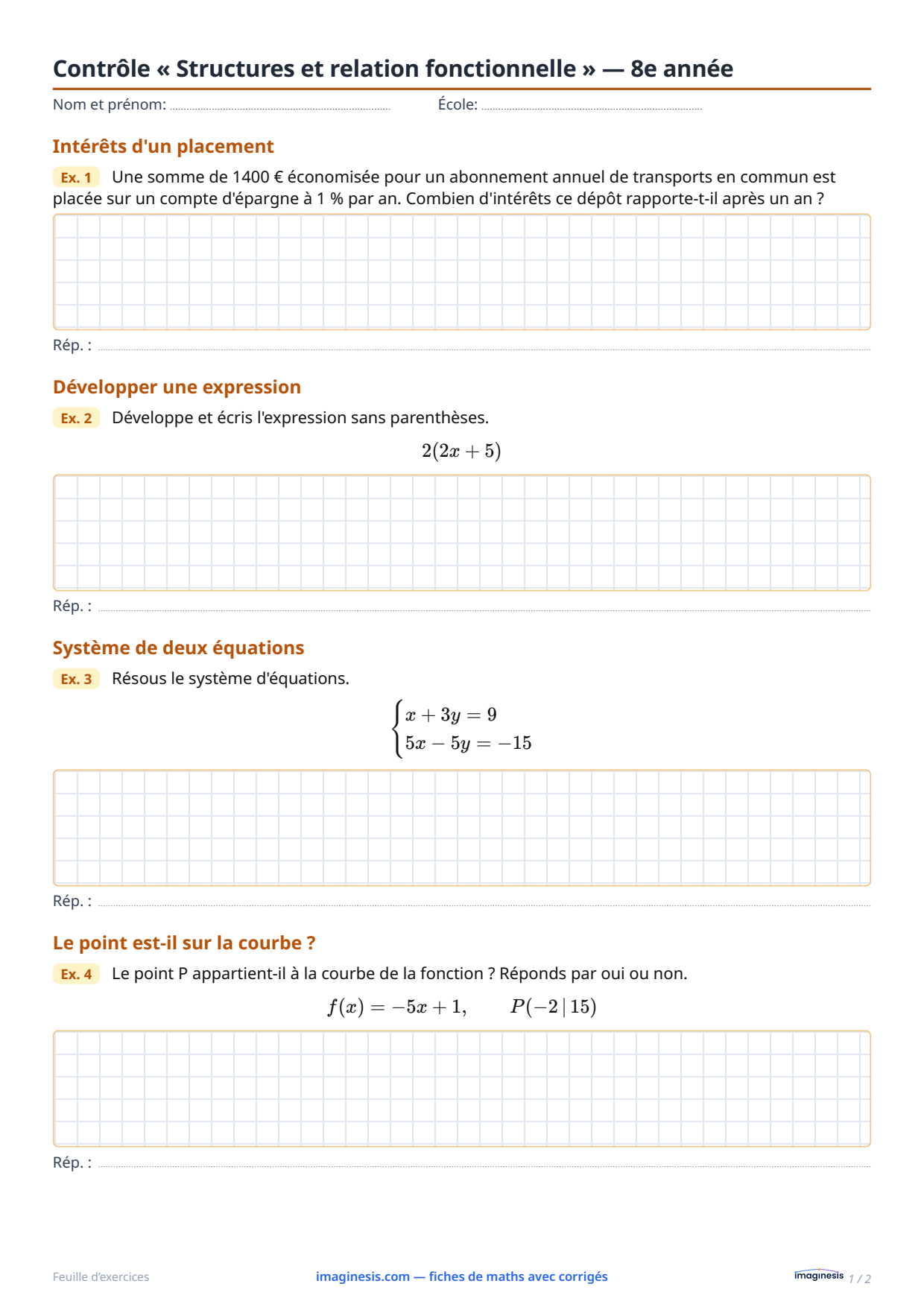 Contrôle « Structures et relation fonctionnelle » — 8e année — Fiche élève : fiche de maths à imprimer (8e année, Allemagne)
