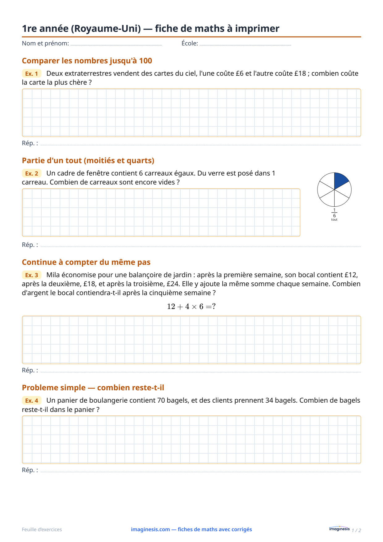 1re année (Royaume-Uni) — fiche de maths à imprimer — Fiche élève : fiche de maths à imprimer (1re année, Royaume-Uni)