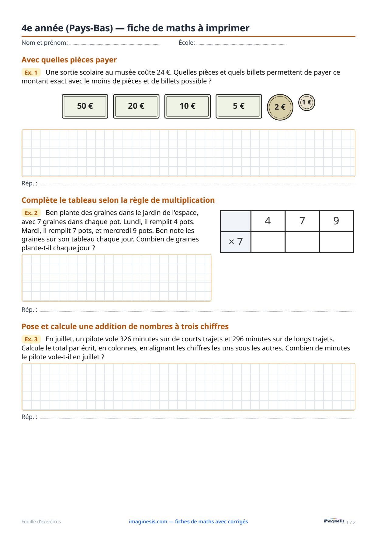 4e année (Pays-Bas) — fiche de maths à imprimer — Fiche élève : fiche de maths à imprimer (4e année, Pays-Bas)