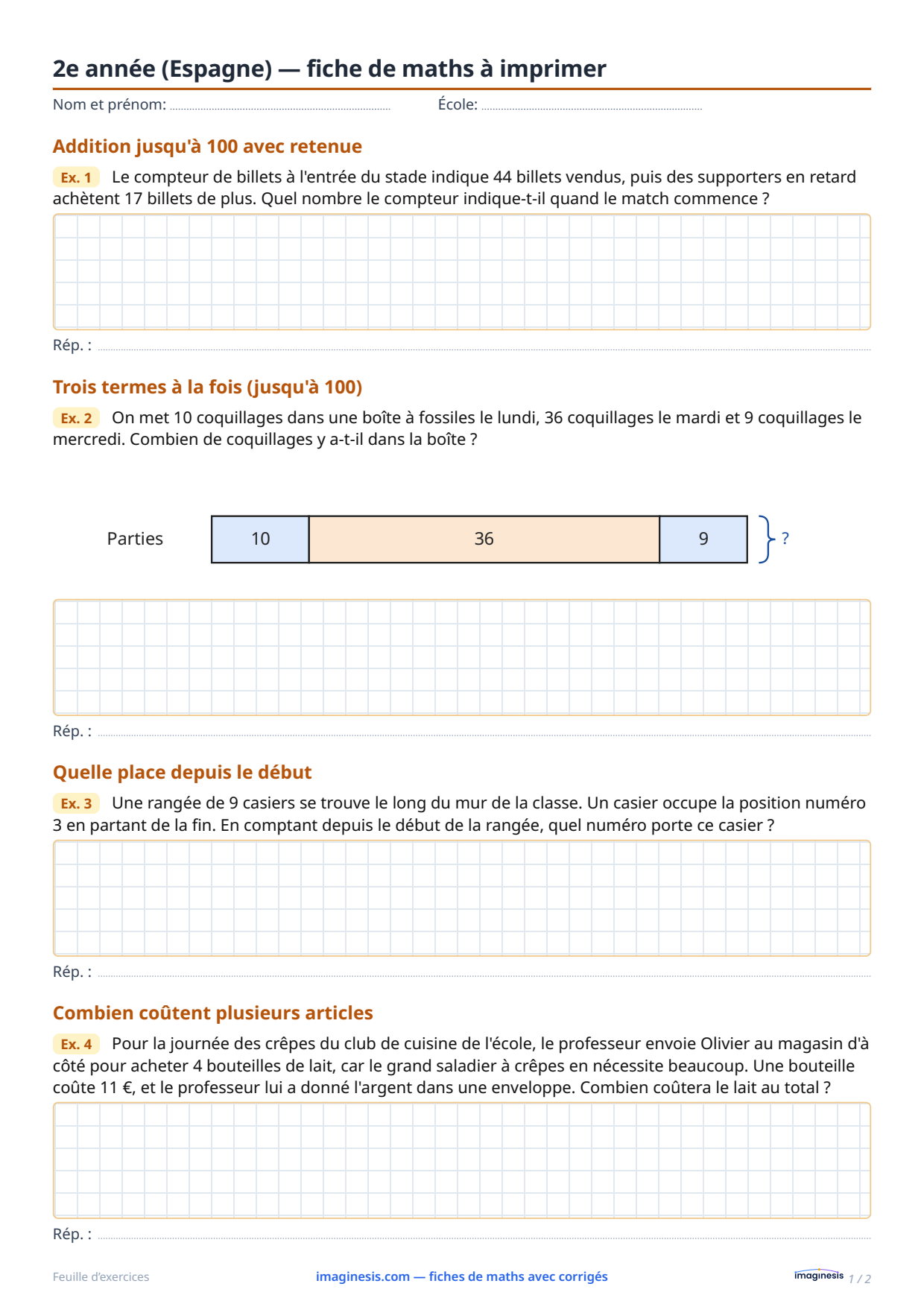 2e année (Espagne) — fiche de maths à imprimer — Fiche élève : fiche de maths à imprimer (2e année, Espagne)