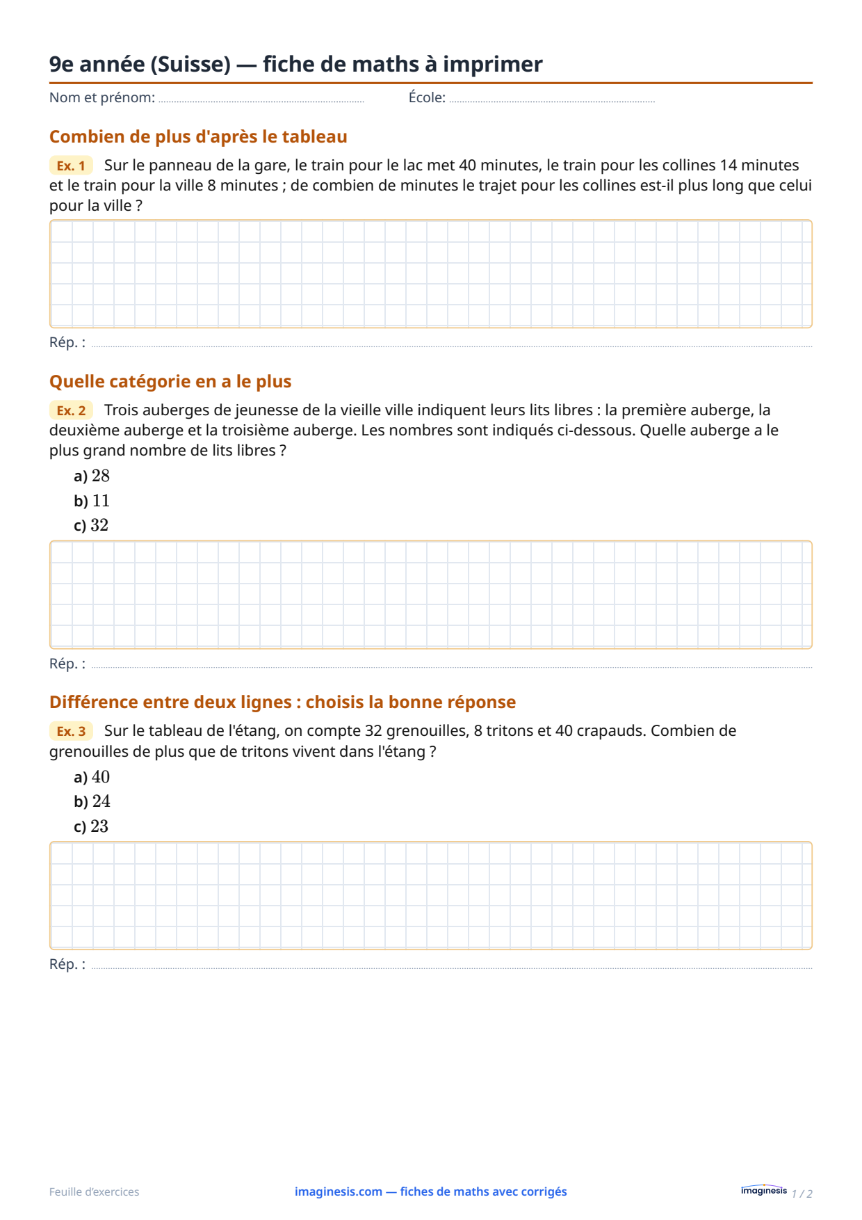 9e année (Suisse) — fiche de maths à imprimer — Fiche élève : fiche de maths à imprimer (9e année, Suisse)