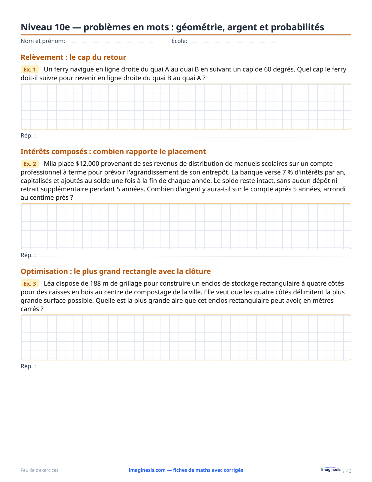 Niveau 10e — problèmes en mots : géométrie, argent et probabilités — Fiche élève : fiche de maths à imprimer (10e année, États-Unis)