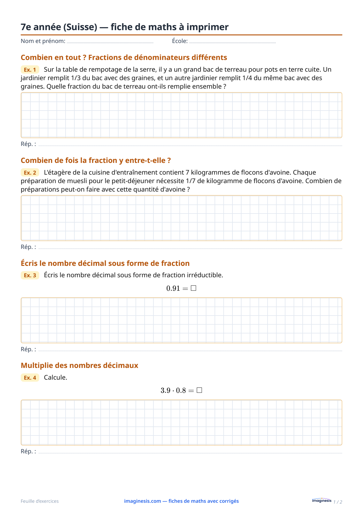 7e année (Suisse) — fiche de maths à imprimer — Fiche élève : fiche de maths à imprimer (7e année, Suisse)