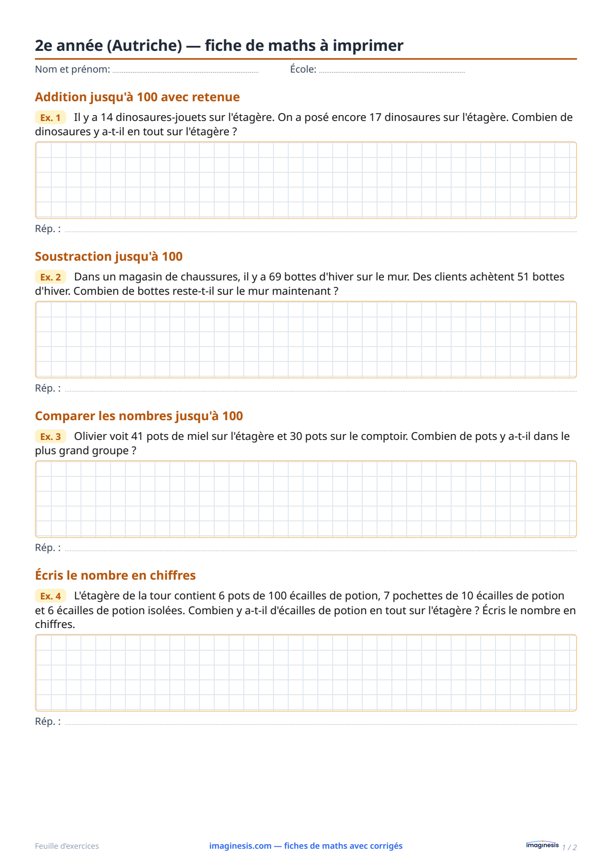 2e année (Autriche) — fiche de maths à imprimer — Fiche élève : fiche de maths à imprimer (2e année, Autriche)