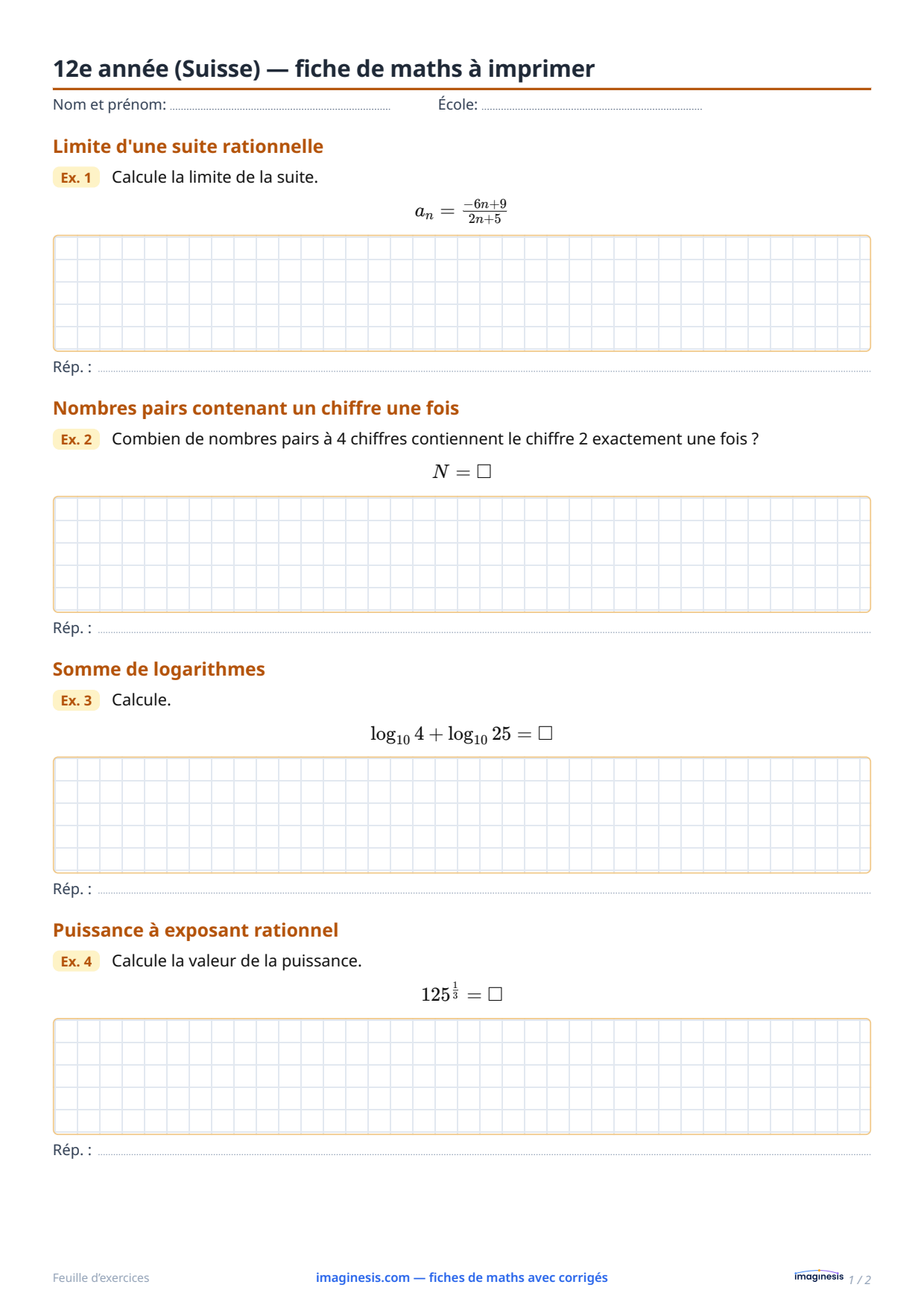 12e année (Suisse) — fiche de maths à imprimer — Fiche élève : fiche de maths à imprimer (12e année, Suisse)