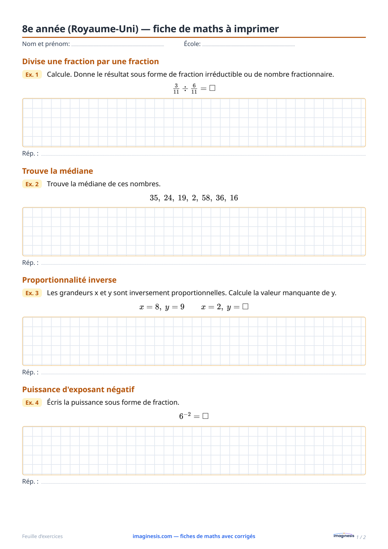 8e année (Royaume-Uni) — fiche de maths à imprimer — Fiche élève : fiche de maths à imprimer (8e année, Royaume-Uni)