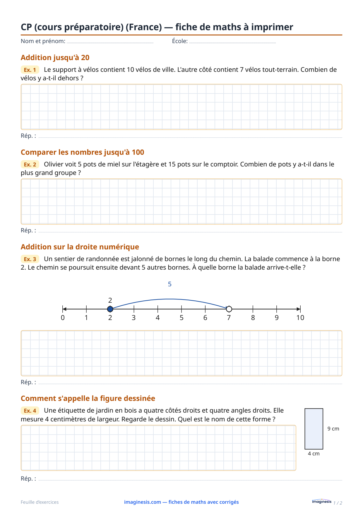 CP (cours préparatoire) (France) — fiche de maths à imprimer — Fiche élève : fiche de maths à imprimer (CP (cours préparatoire), France)