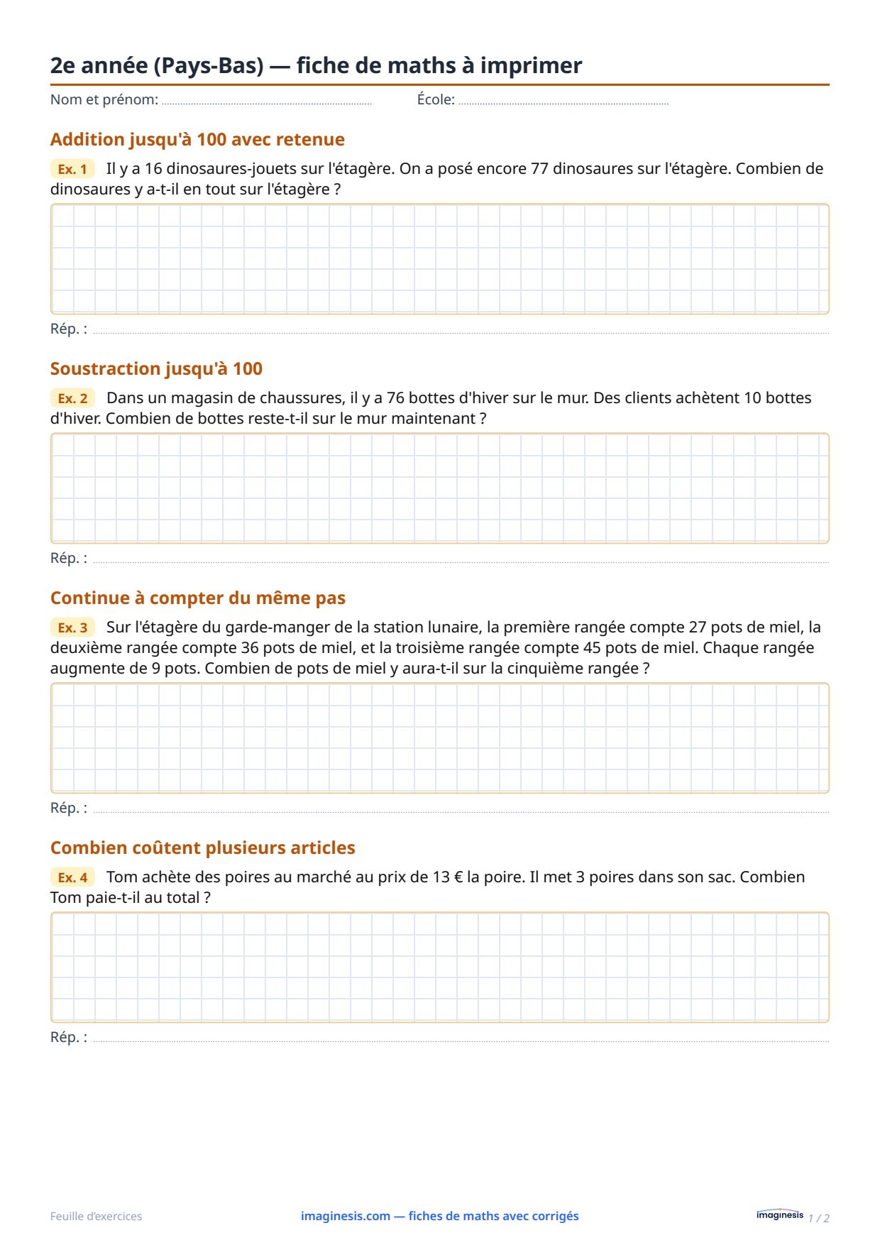 2e année (Pays-Bas) — fiche de maths à imprimer — Fiche élève : fiche de maths à imprimer (2e année, Pays-Bas)