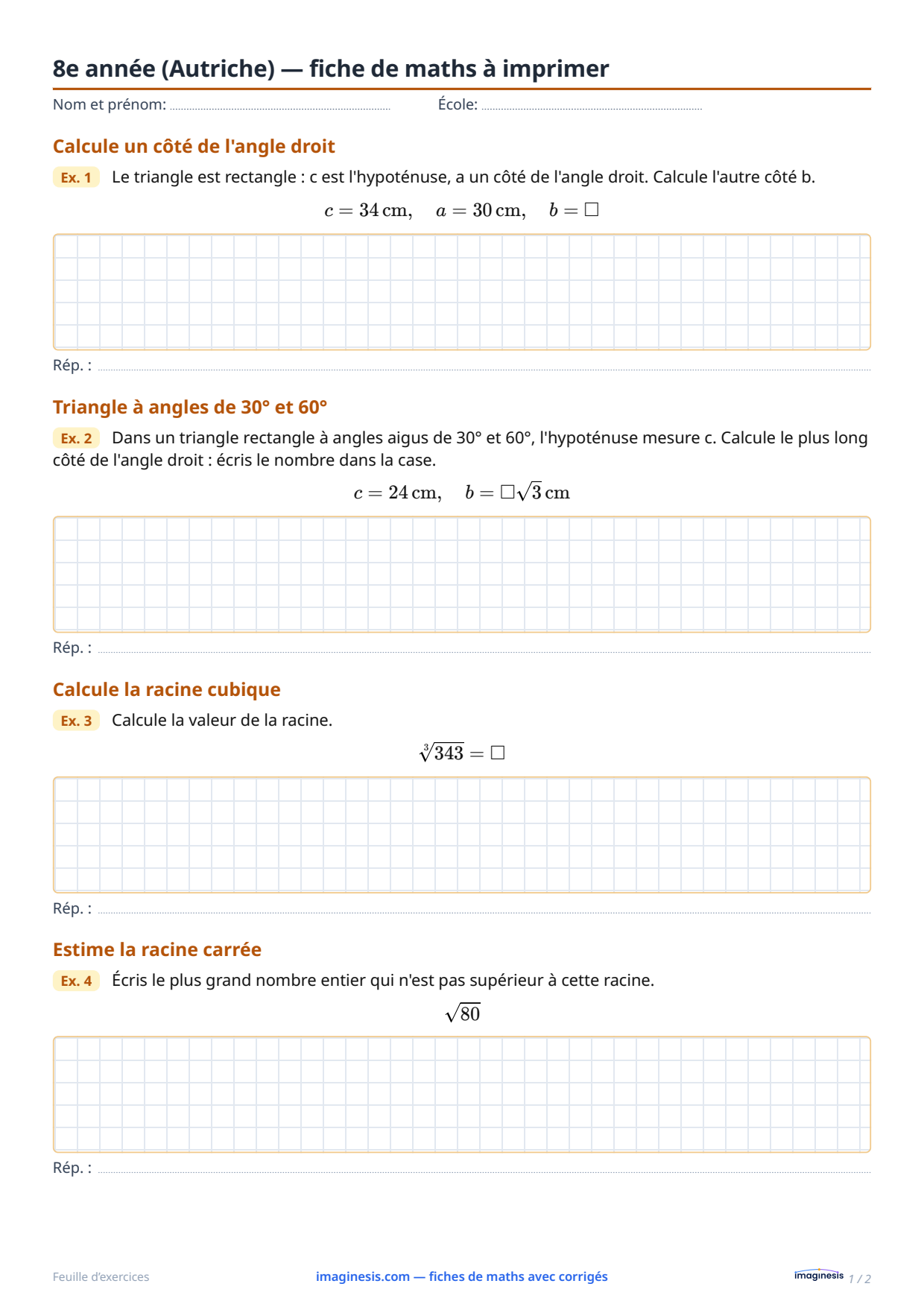 8e année (Autriche) — fiche de maths à imprimer — Fiche élève : fiche de maths à imprimer (8e année, Autriche)