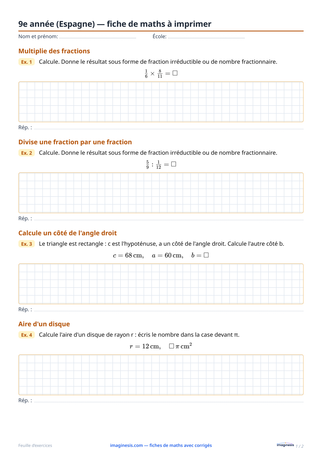 9e année (Espagne) — fiche de maths à imprimer — Fiche élève : fiche de maths à imprimer (9e année, Espagne)