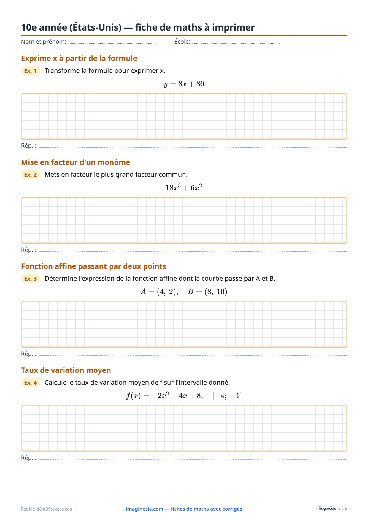 10e année (États-Unis) — fiche de maths à imprimer — Fiche élève : fiche de maths à imprimer (10e année, États-Unis)