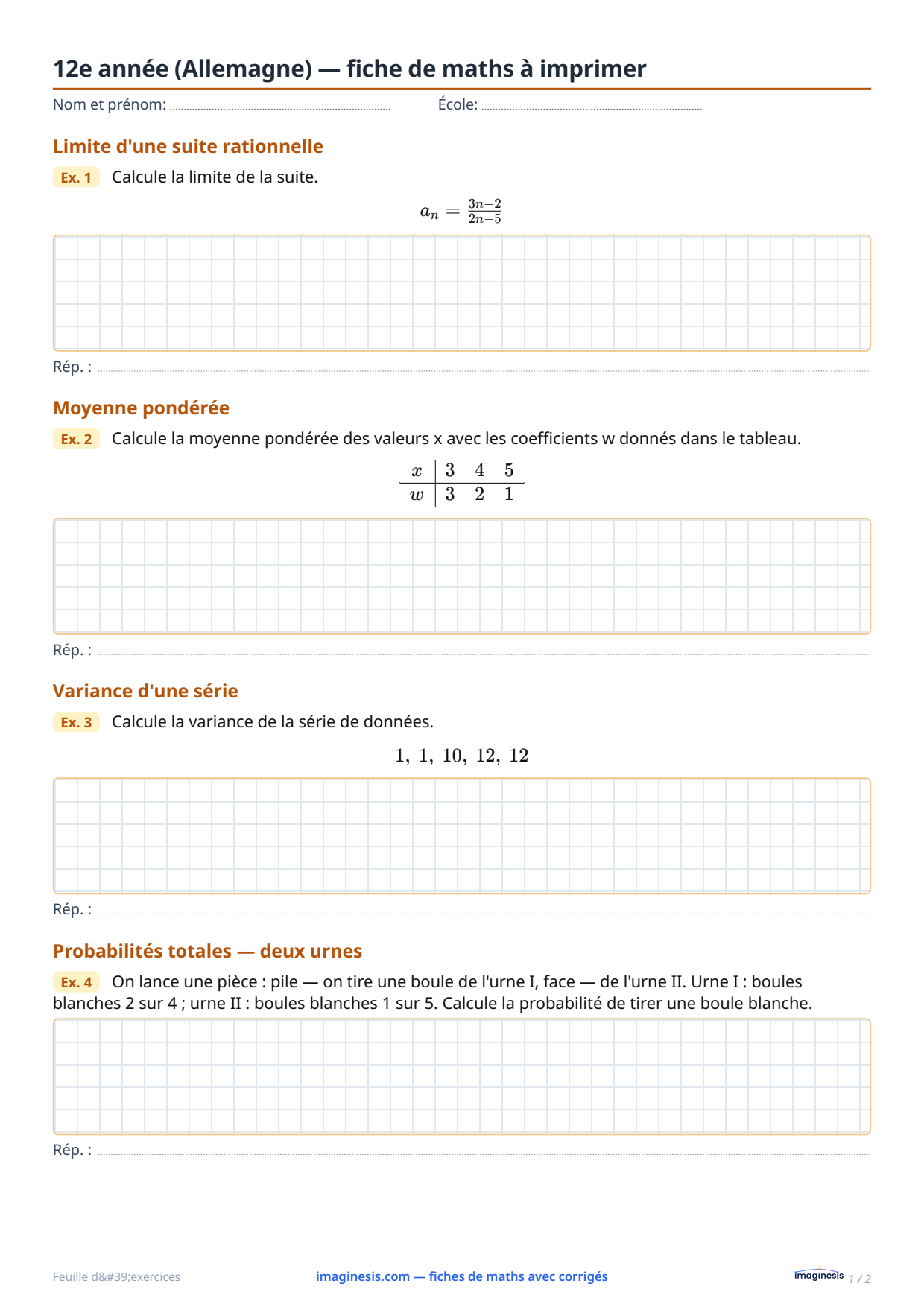 12e année (Allemagne) — fiche de maths à imprimer — Fiche élève : fiche de maths à imprimer (12e année, Allemagne)