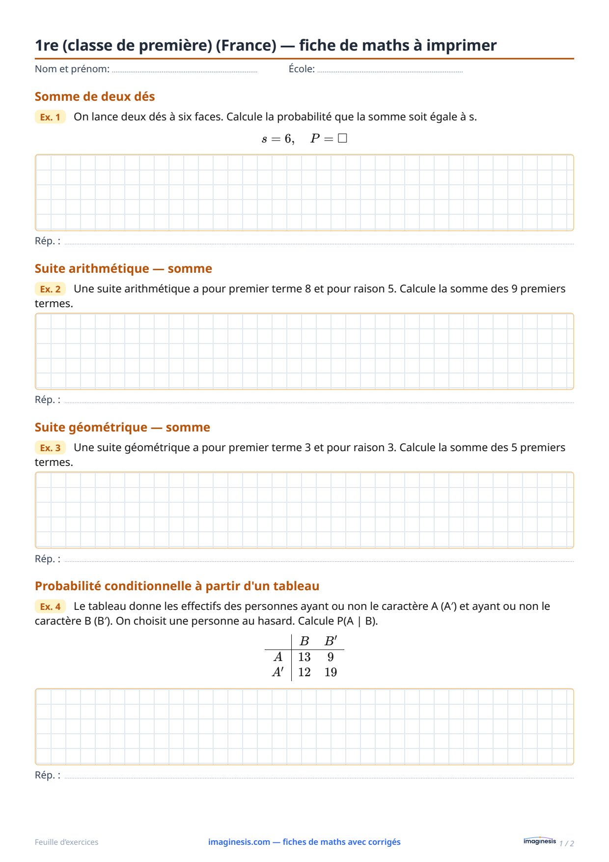 1re (classe de première) (France) — fiche de maths à imprimer — Fiche élève : fiche de maths à imprimer (1re (classe de première), France)