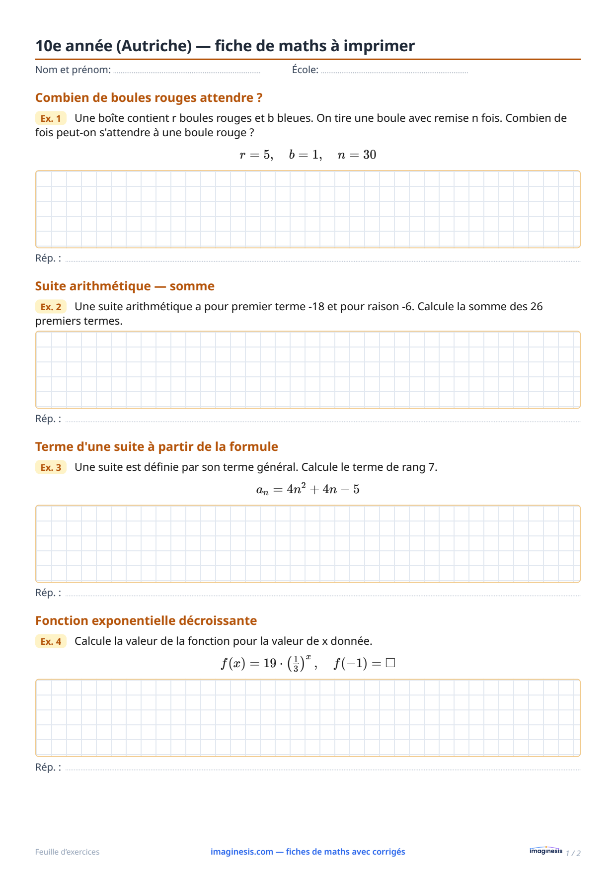 10e année (Autriche) — fiche de maths à imprimer — Fiche élève : fiche de maths à imprimer (10e année, Autriche)