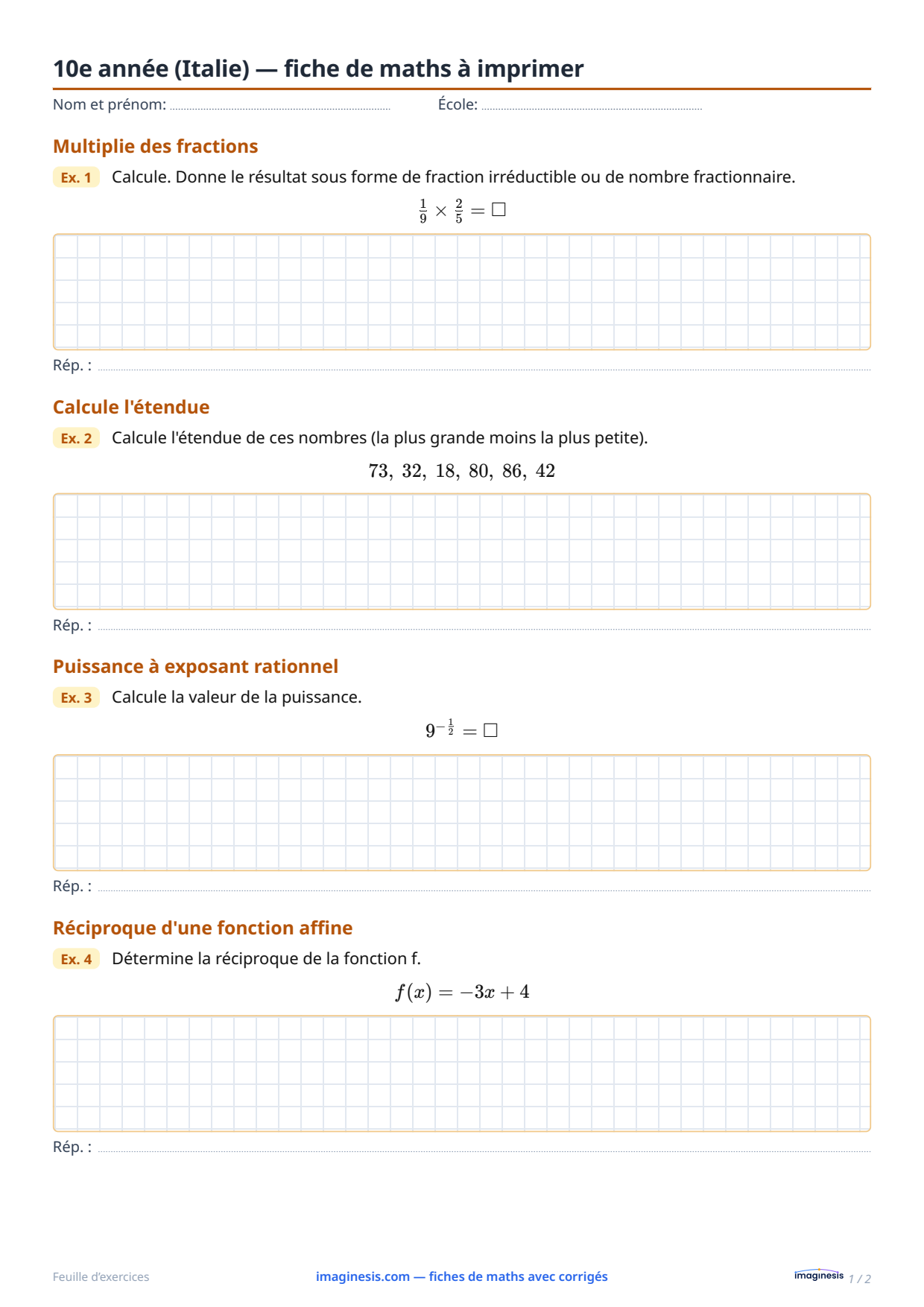 10e année (Italie) — fiche de maths à imprimer — Fiche élève : fiche de maths à imprimer (10e année, Italie)