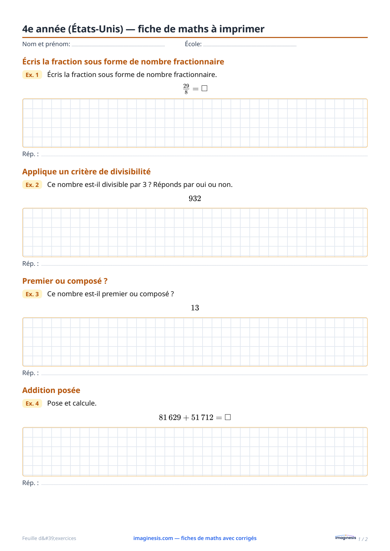 4e année (États-Unis) — fiche de maths à imprimer — Fiche élève : fiche de maths à imprimer (4e année, États-Unis)
