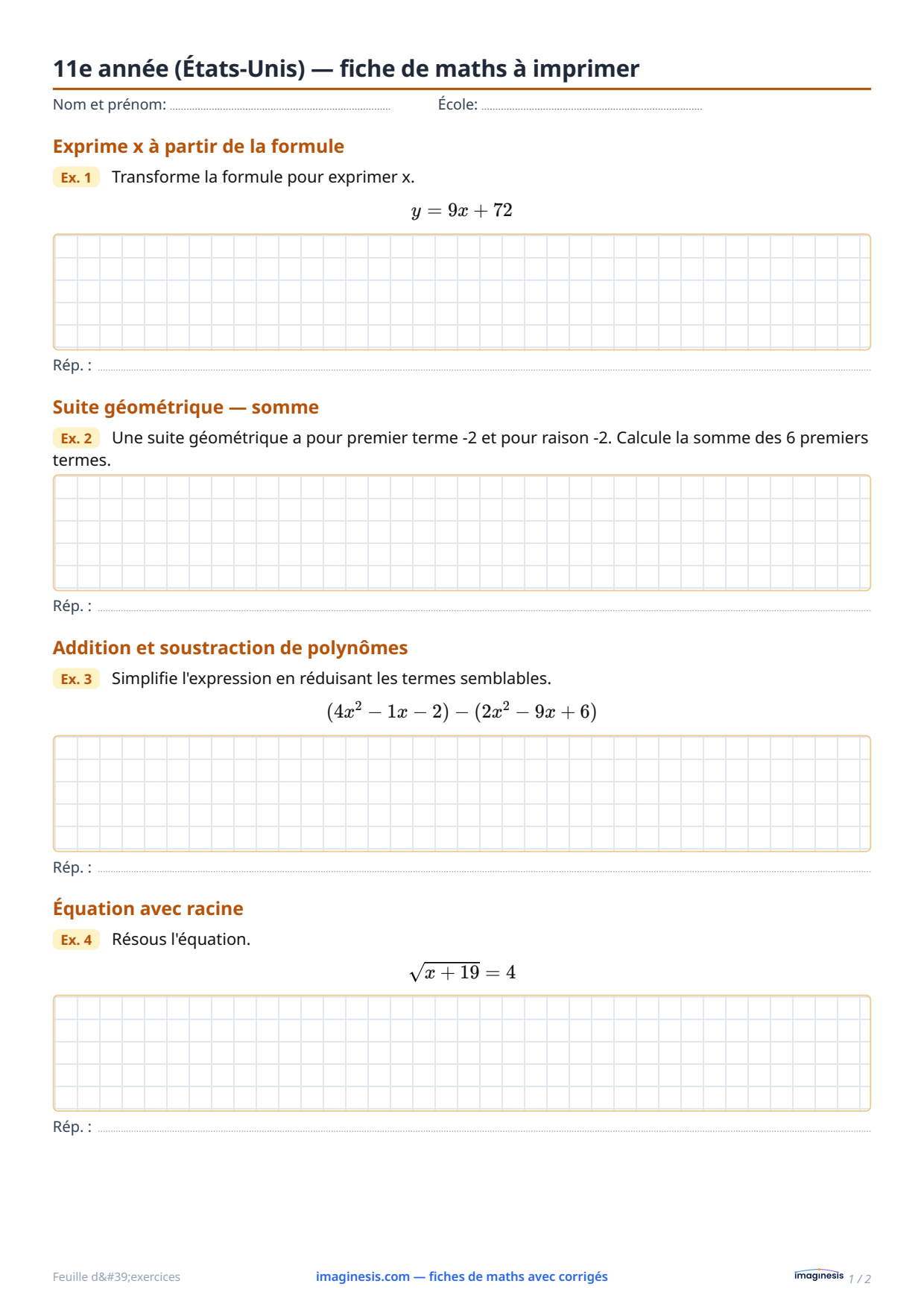 11e année (États-Unis) — fiche de maths à imprimer — Fiche élève : fiche de maths à imprimer (11e année, États-Unis)