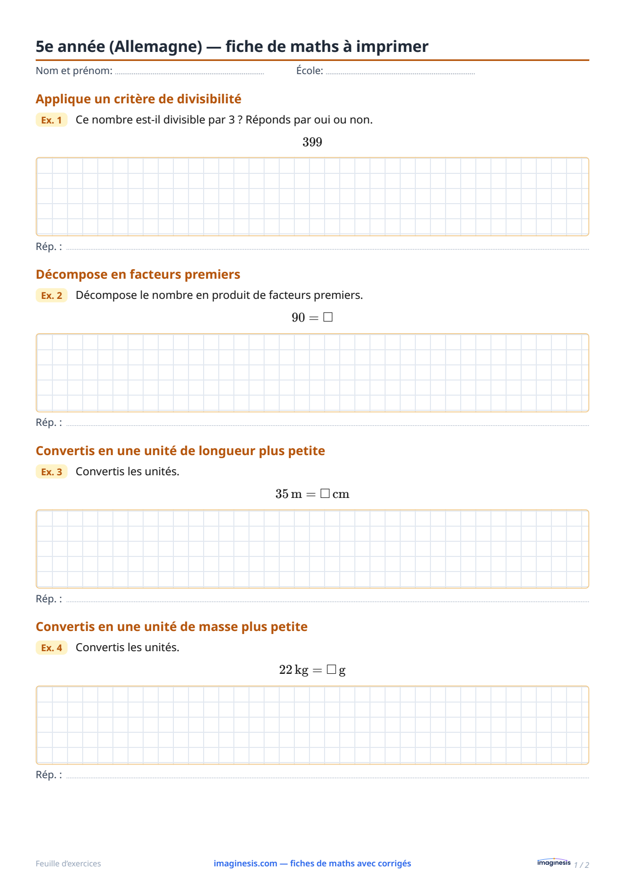 5e année (Allemagne) — fiche de maths à imprimer — Fiche élève : fiche de maths à imprimer (5e année, Allemagne)
