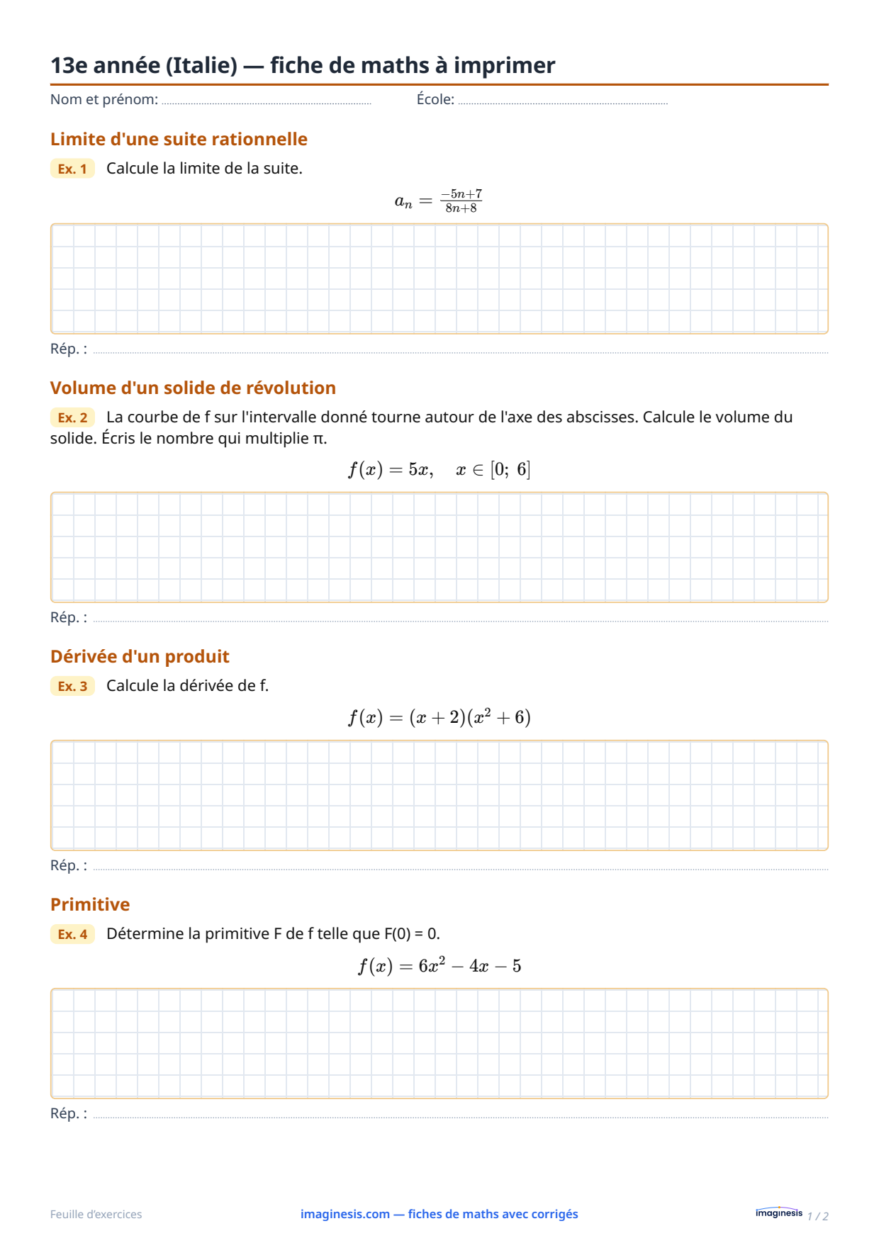 13e année (Italie) — fiche de maths à imprimer — Fiche élève : fiche de maths à imprimer (13e année, Italie)
