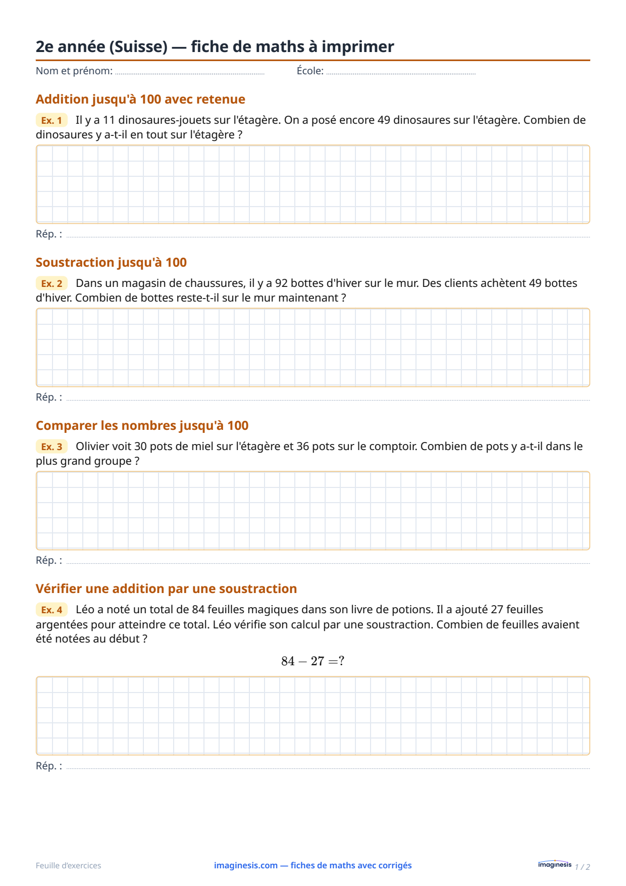 2e année (Suisse) — fiche de maths à imprimer — Fiche élève : fiche de maths à imprimer (2e année, Suisse)