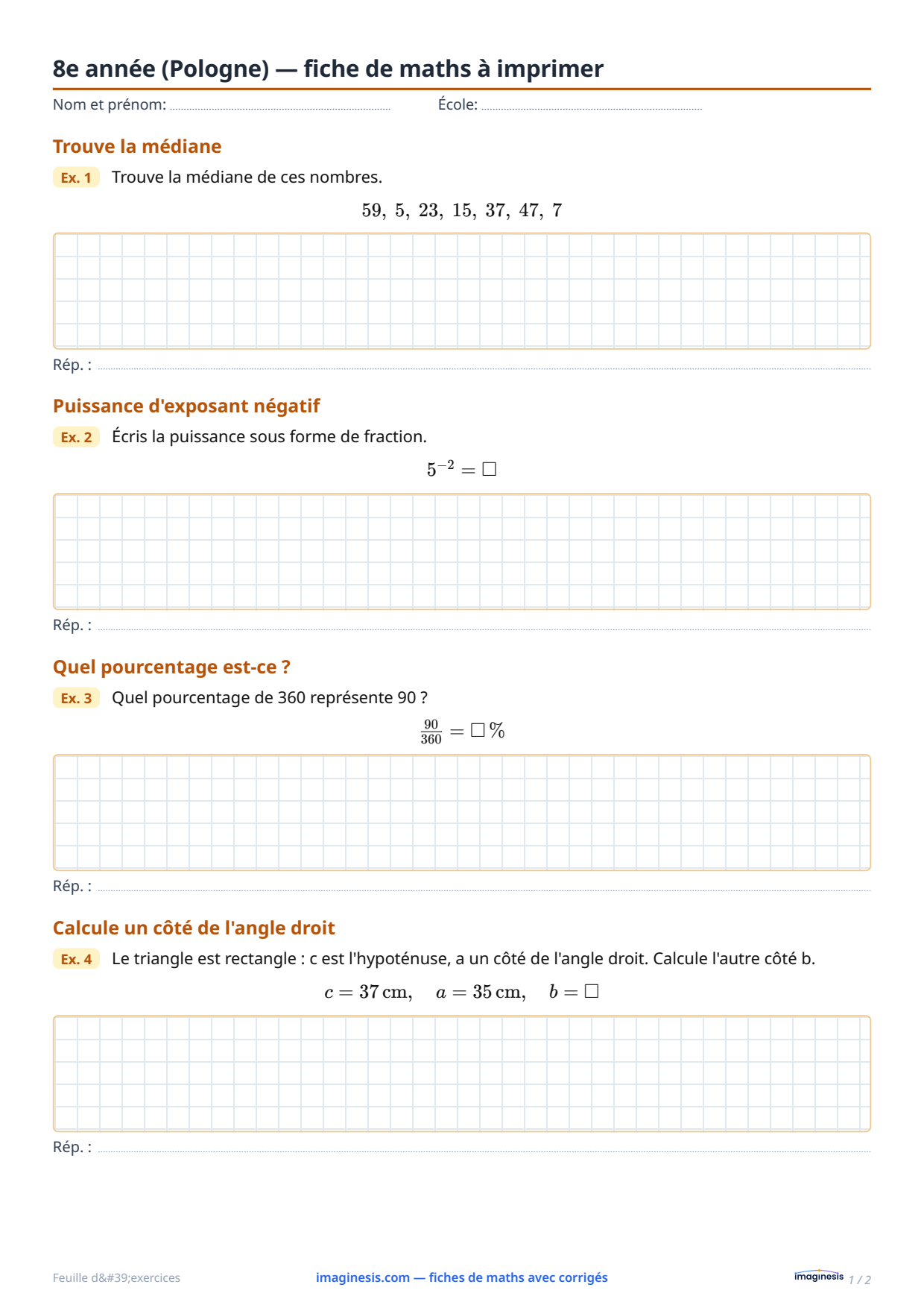 8e année (Pologne) — fiche de maths à imprimer — Fiche élève : fiche de maths à imprimer (8e année, Pologne)
