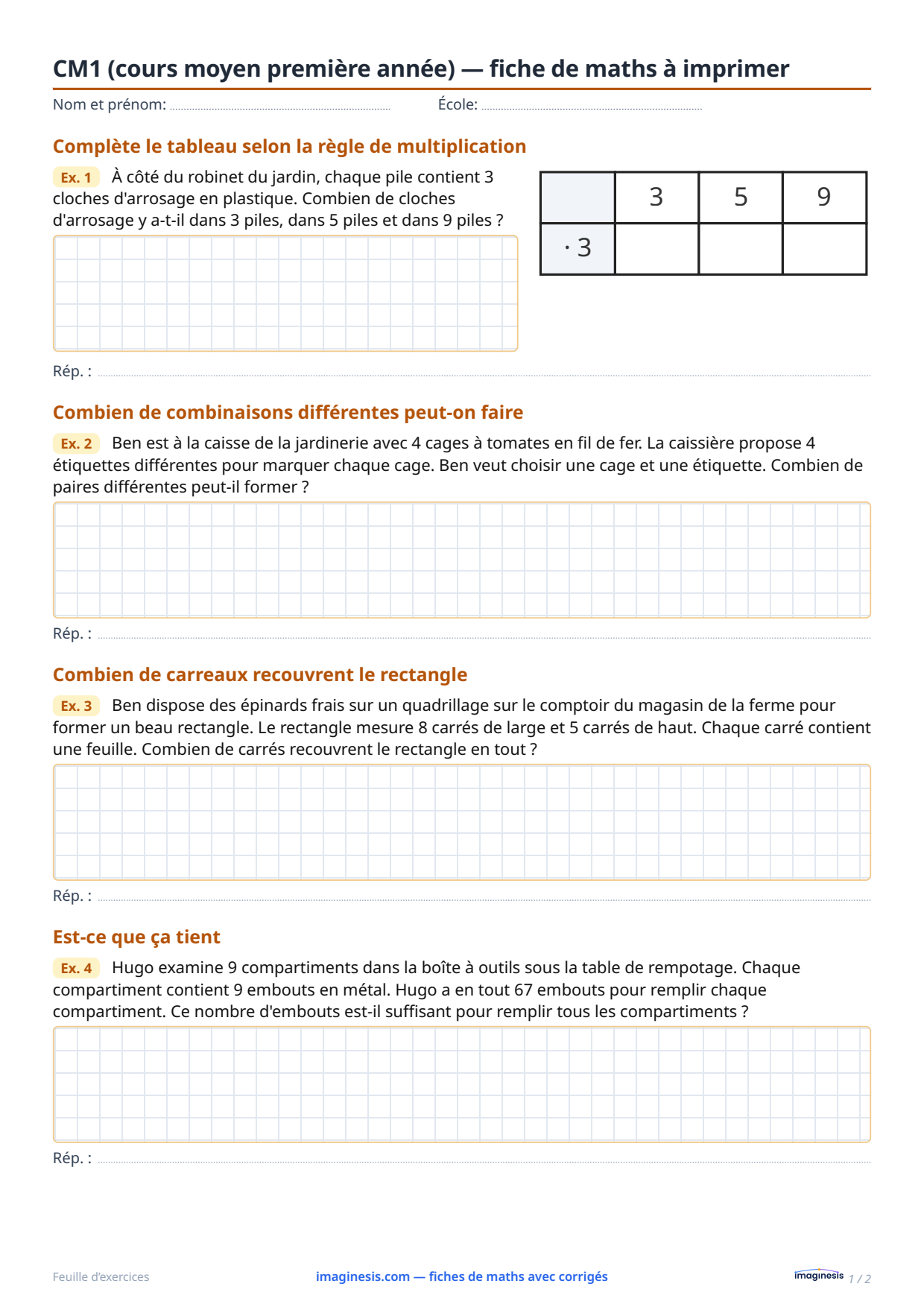 CM1 (cours moyen première année) — fiche de maths à imprimer — Fiche élève : fiche de maths à imprimer (CM1 (cours moyen première année), France)