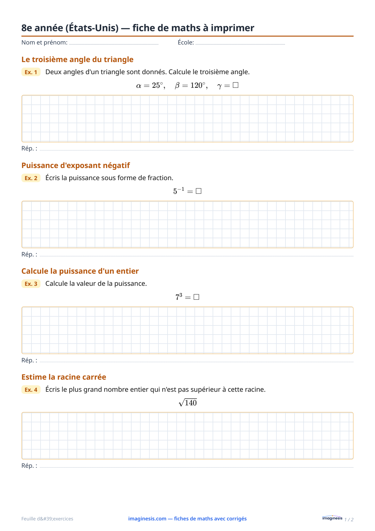 8e année (États-Unis) — fiche de maths à imprimer — Fiche élève : fiche de maths à imprimer (8e année, États-Unis)