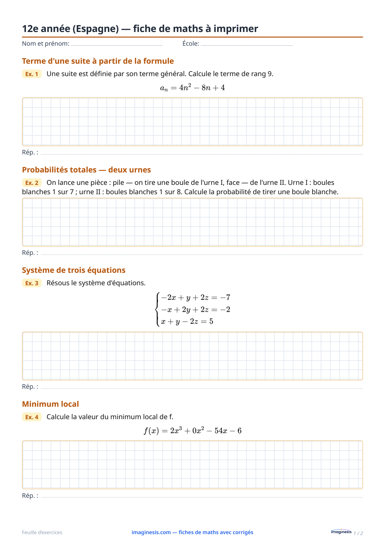 12e année (Espagne) — fiche de maths à imprimer — Fiche élève : fiche de maths à imprimer (12e année, Espagne)