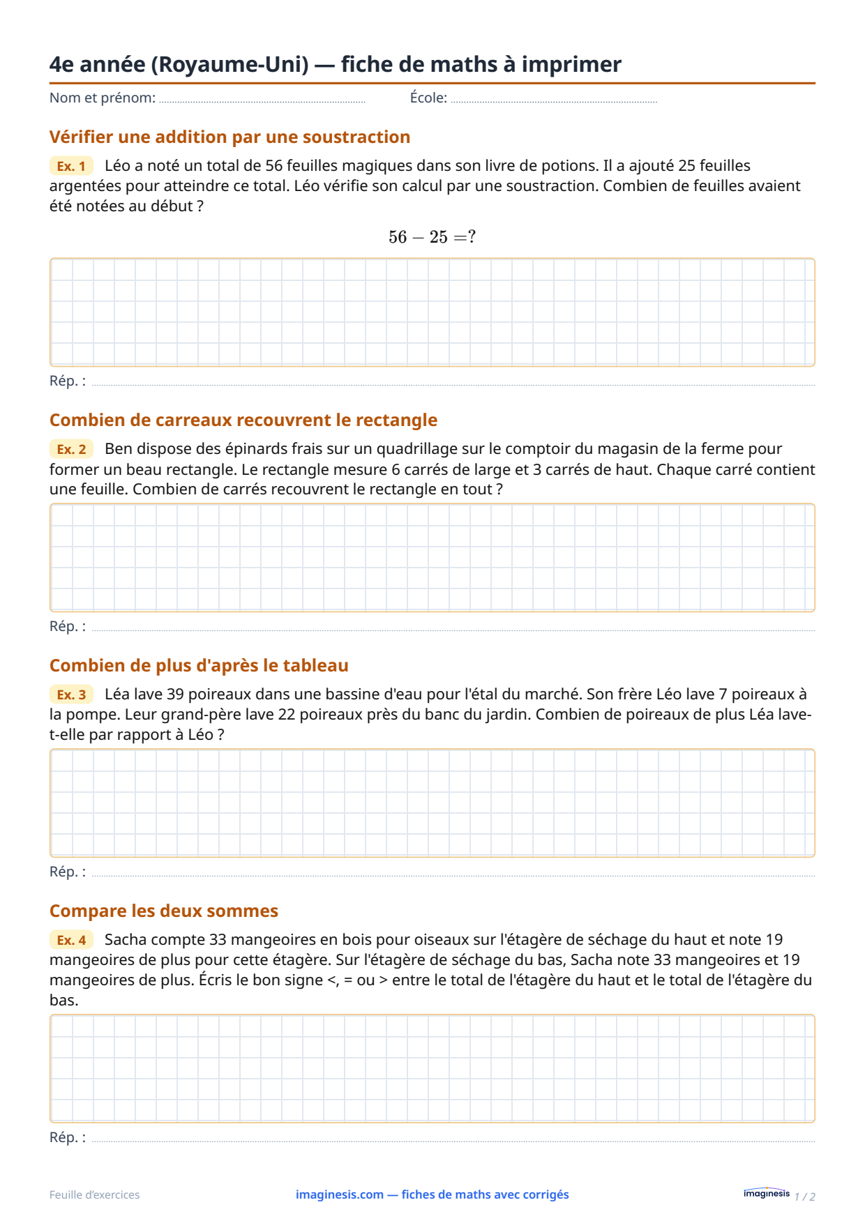 4e année (Royaume-Uni) — fiche de maths à imprimer — Fiche élève : fiche de maths à imprimer (4e année, Royaume-Uni)