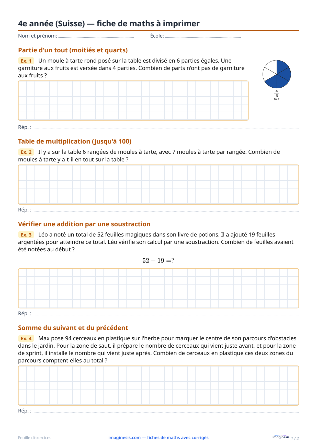 4e année (Suisse) — fiche de maths à imprimer — Fiche élève : fiche de maths à imprimer (4e année, Suisse)