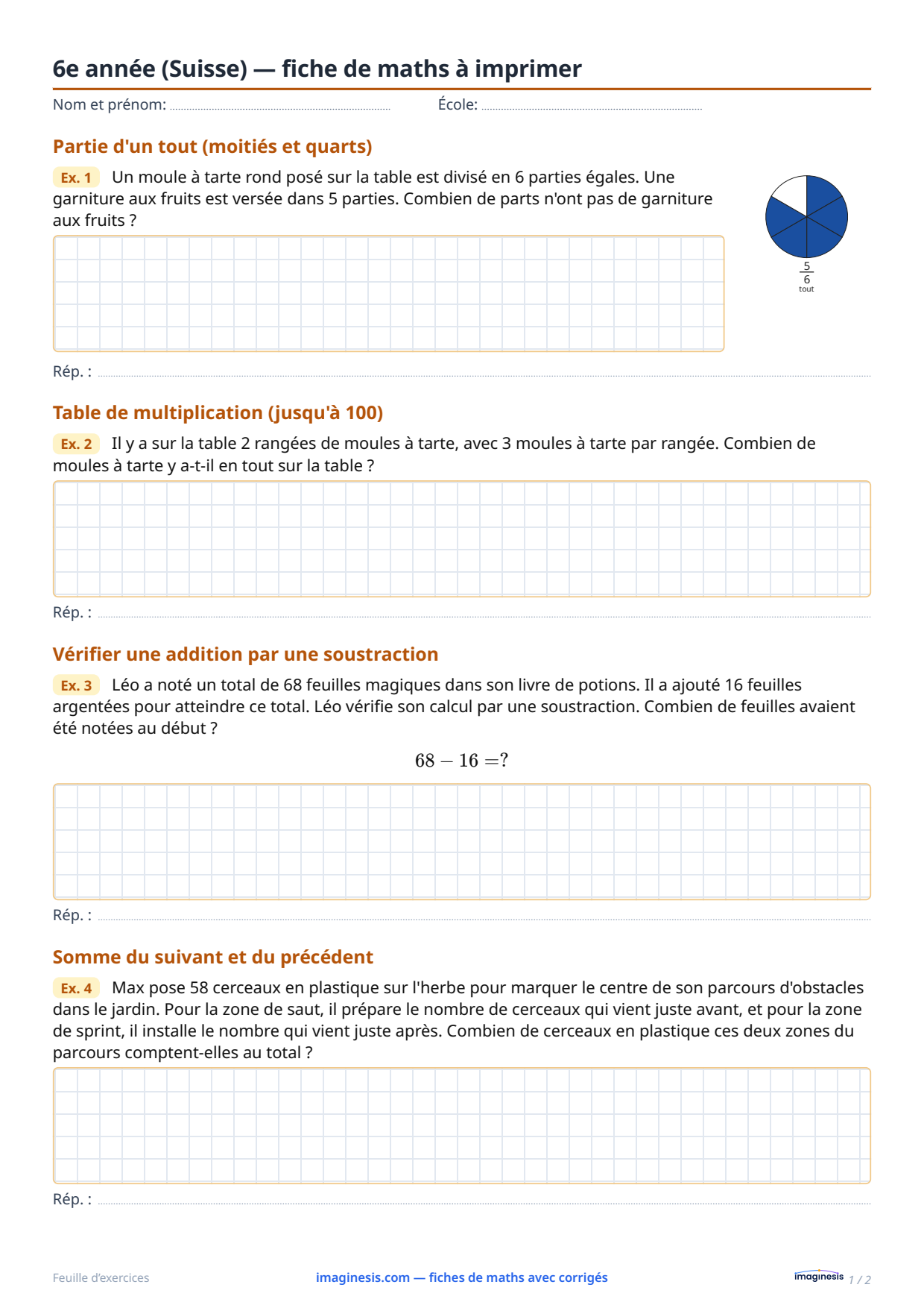 6e année (Suisse) — fiche de maths à imprimer — Fiche élève : fiche de maths à imprimer (6e année, Suisse)