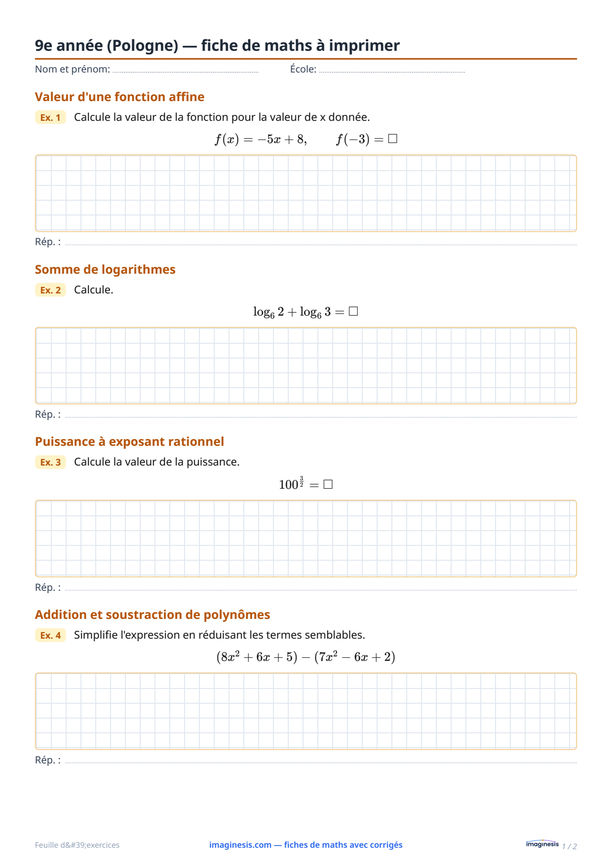 1re année de lycée (Pologne) — fiche de maths à imprimer — Fiche élève : fiche de maths à imprimer (1re année de lycée, Pologne)