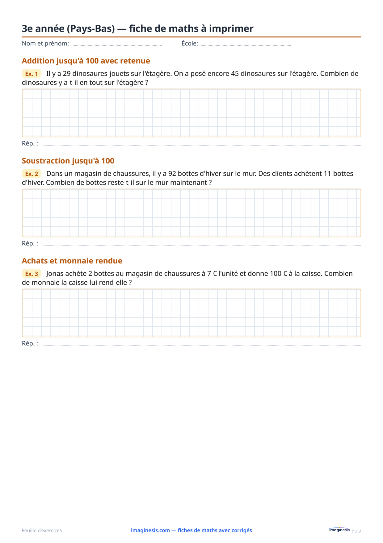 3e année (Pays-Bas) — fiche de maths à imprimer — Fiche élève : fiche de maths à imprimer (3e année, Pays-Bas)