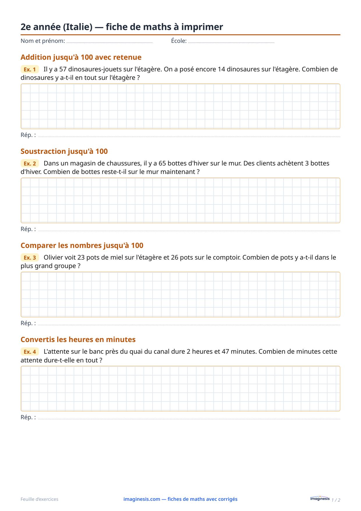 2e année (Italie) — fiche de maths à imprimer — Fiche élève : fiche de maths à imprimer (2e année, Italie)