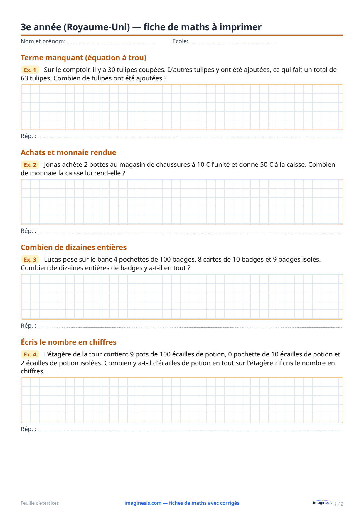 3e année (Royaume-Uni) — fiche de maths à imprimer — Fiche élève : fiche de maths à imprimer (3e année, Royaume-Uni)